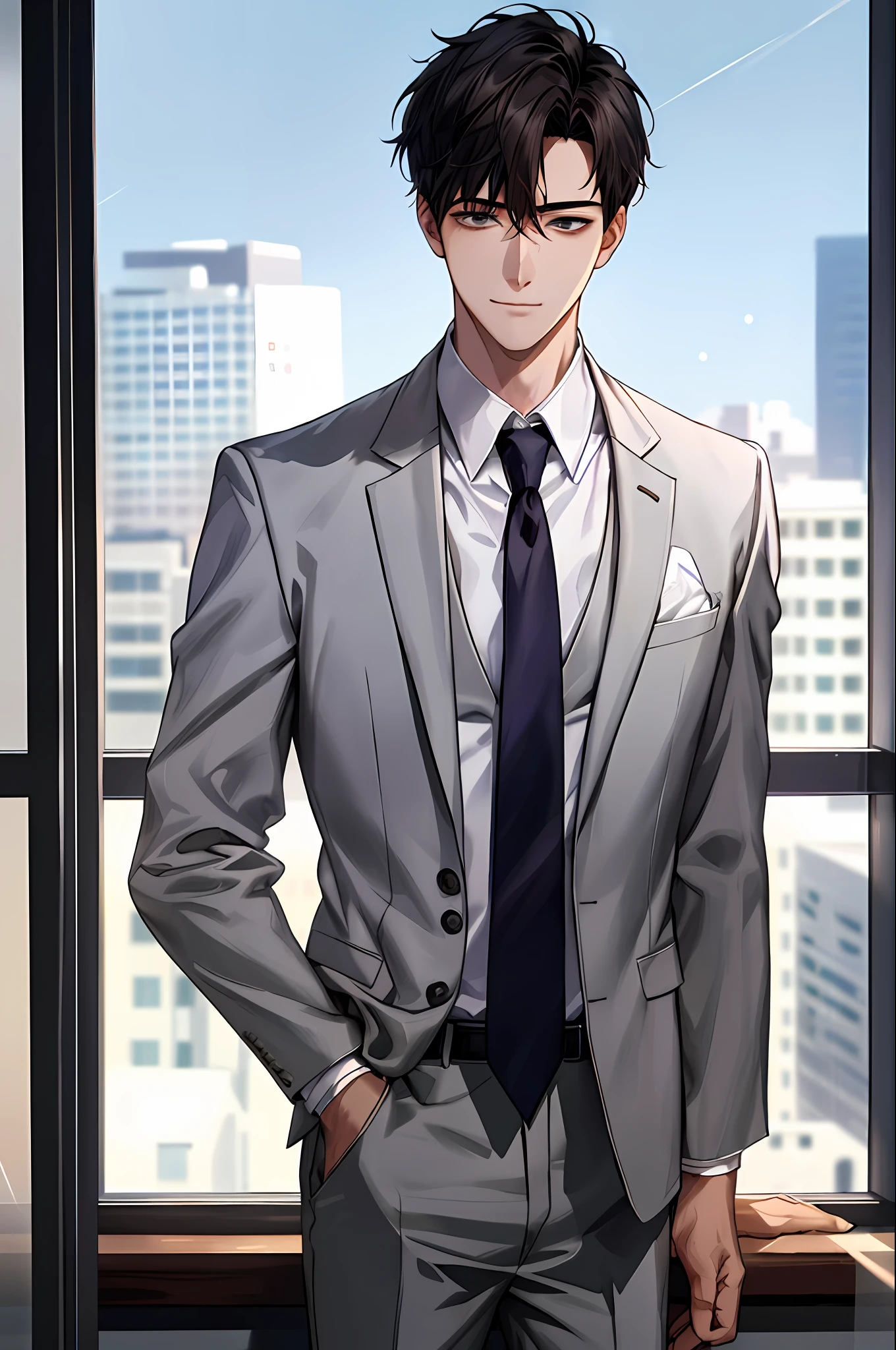 1boy, face focus, adult, business suit, jacket, white shirt, necktie, pants, best quality, hires, detailed face, office, buildings from window, detailed background, diffused sunlight, depth of field, bokeh