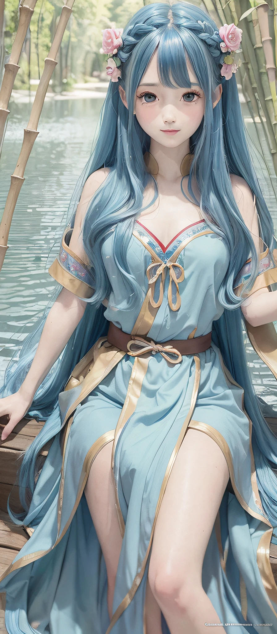 Masterpiece, Best Quality, Official Art, 8k Wallpaper, Very Detailed, Illustration, 1 Girl, Sky Blue Hair, Long Hair, Detailed Eyes, Forrest Gump, Bare Shoulders, Hanfu, Lake, Pure, Soft Smile, bamboo, tea