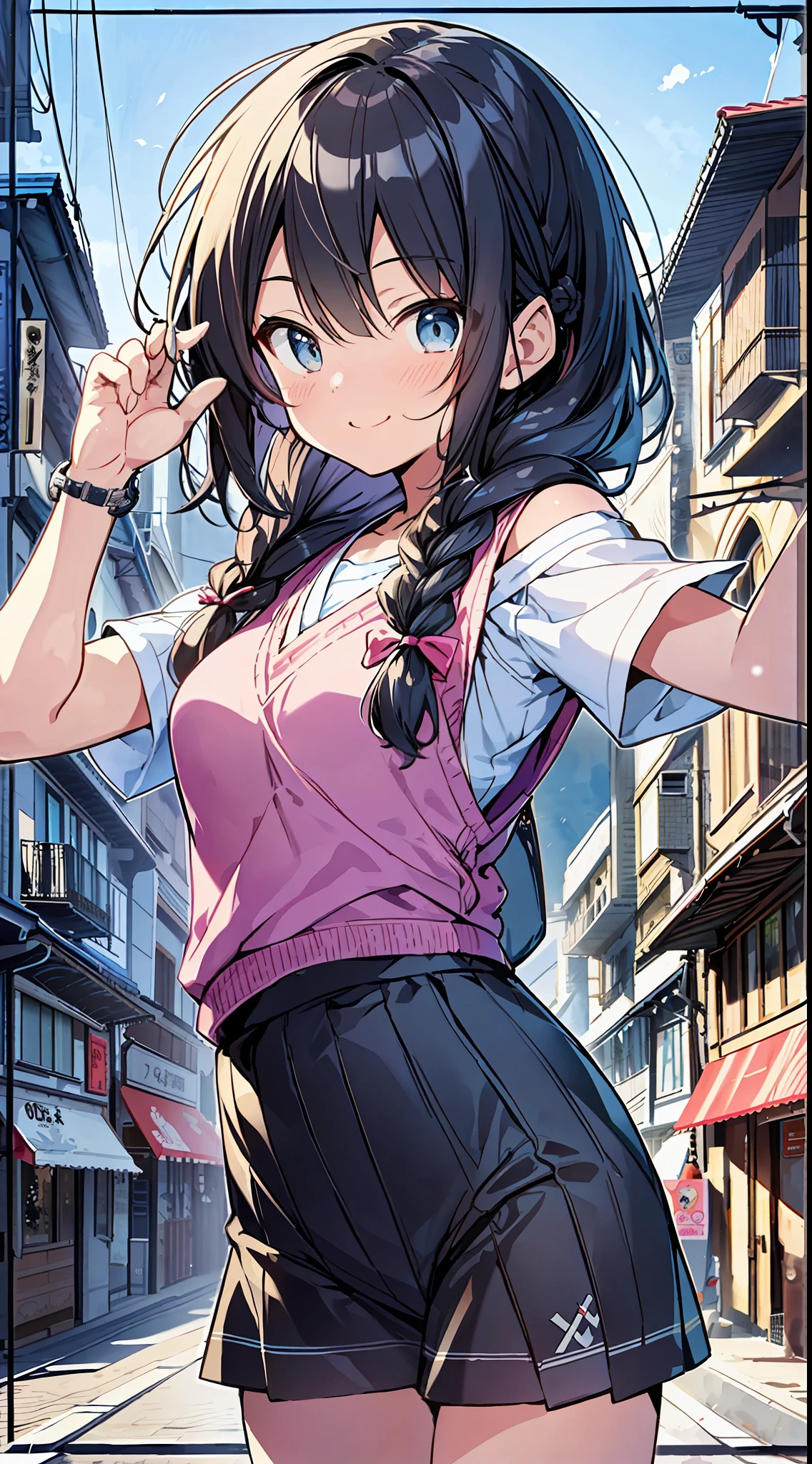 Top Quality, Best Masterpiece, Ultra High Definition, 8K, Light Blue Sweater Vest, Anime Style Little Loli, Single, Ultra Detailed Line Art, Digital Enhancement, Anime Core, Flowing Fabric, Close Up, ((Hair length to shoulder mouth and short braid)), staring at us from the front, soft drawing, beautiful black hair, crisp eyes, smiling smile, ultra-detailed digital anime art, Ultra-detailed anime character art, ultra-detailed manga style, top-quality colors, hand gestures, foot-ready angles, cityscapes with nature