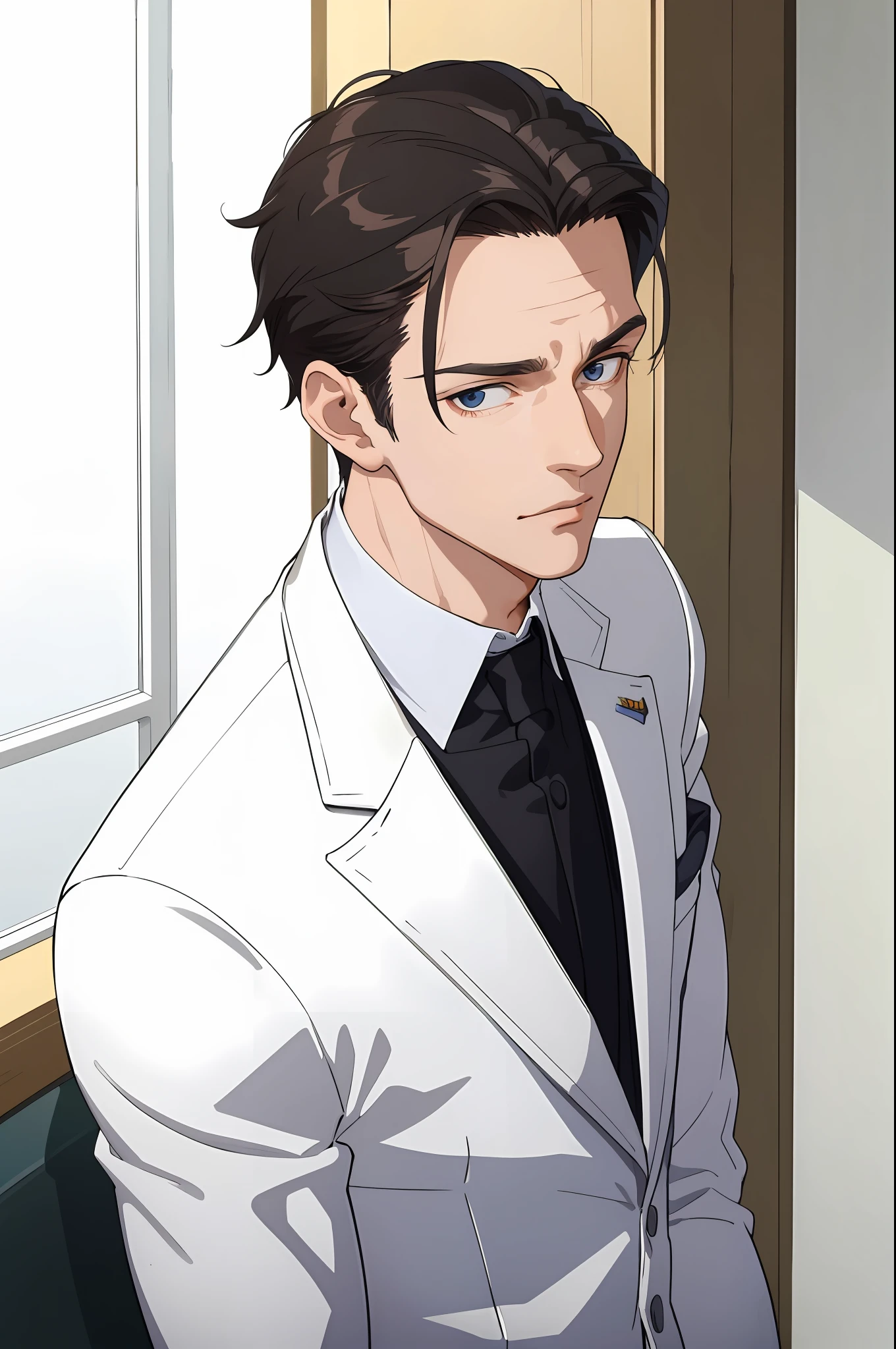 ((masterpiece:1.2, best quality)), 4k, 1man, adult, mature, handsome, very short hair, forehead, white suit, portrait, extremely detailed face, (muscle:1.4, wide shoulders:1.4, regular body)