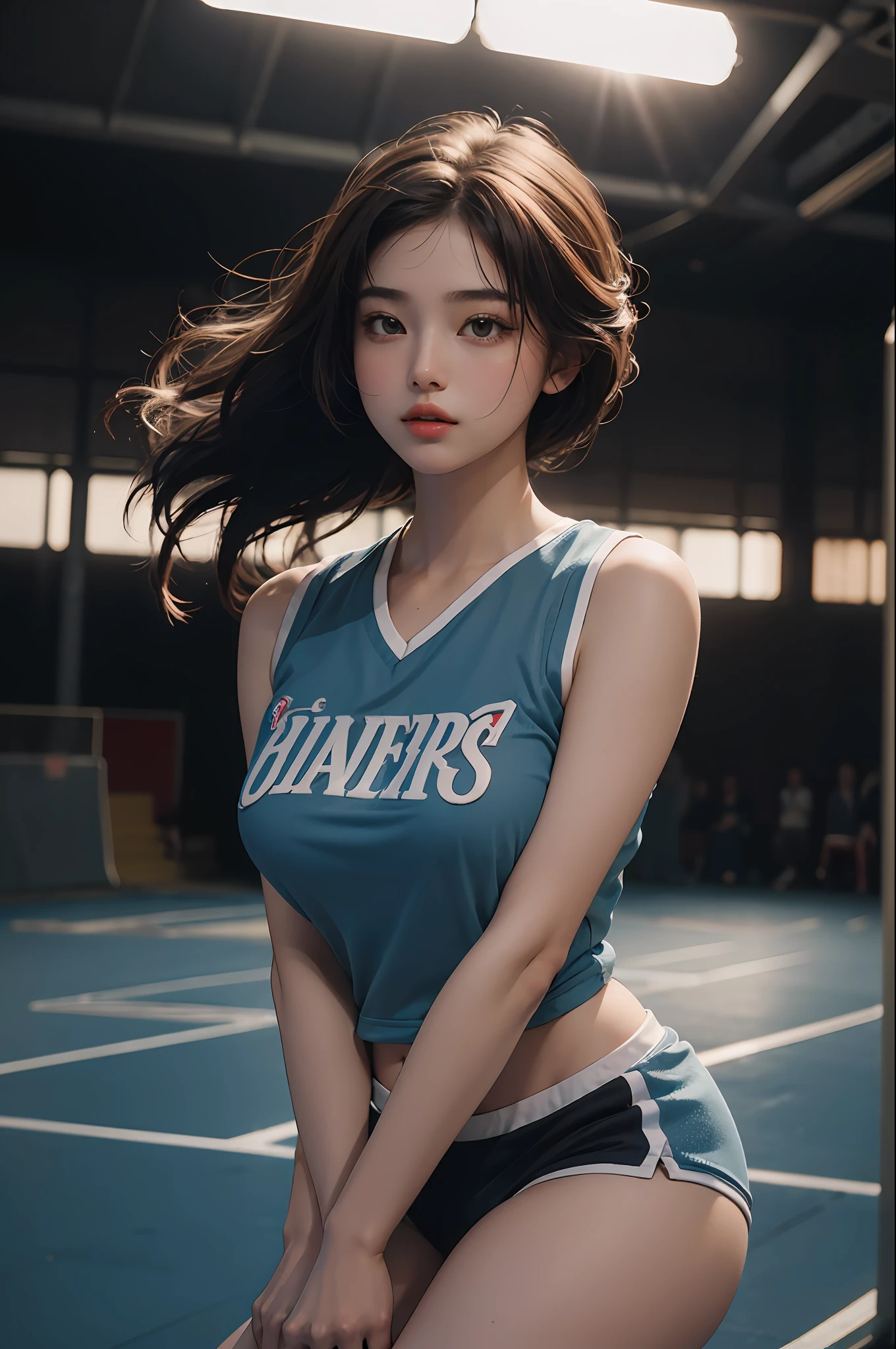 (RAW photo, 4k, masterpiece, high resolution, extremely complex) (realistic: 1.4), cinematic lighting Delicate girl with facial features
1 Girl, Single Focus, Summer Noon, Hot, 1990s\(Style\), Skin White Breasts (best quality), (Highres), (an extremely delicate and beautiful),,(Beautiful 8k face),(Brown eyes),(ulzzang-6500:1.0),(solo),(Looking side),( spectators),(large breasts),(NBA),bent over,,lookside,(side), ,(Basketball sportswear),((Play basketball)),((gymnasium)),((speed)),(reality),
