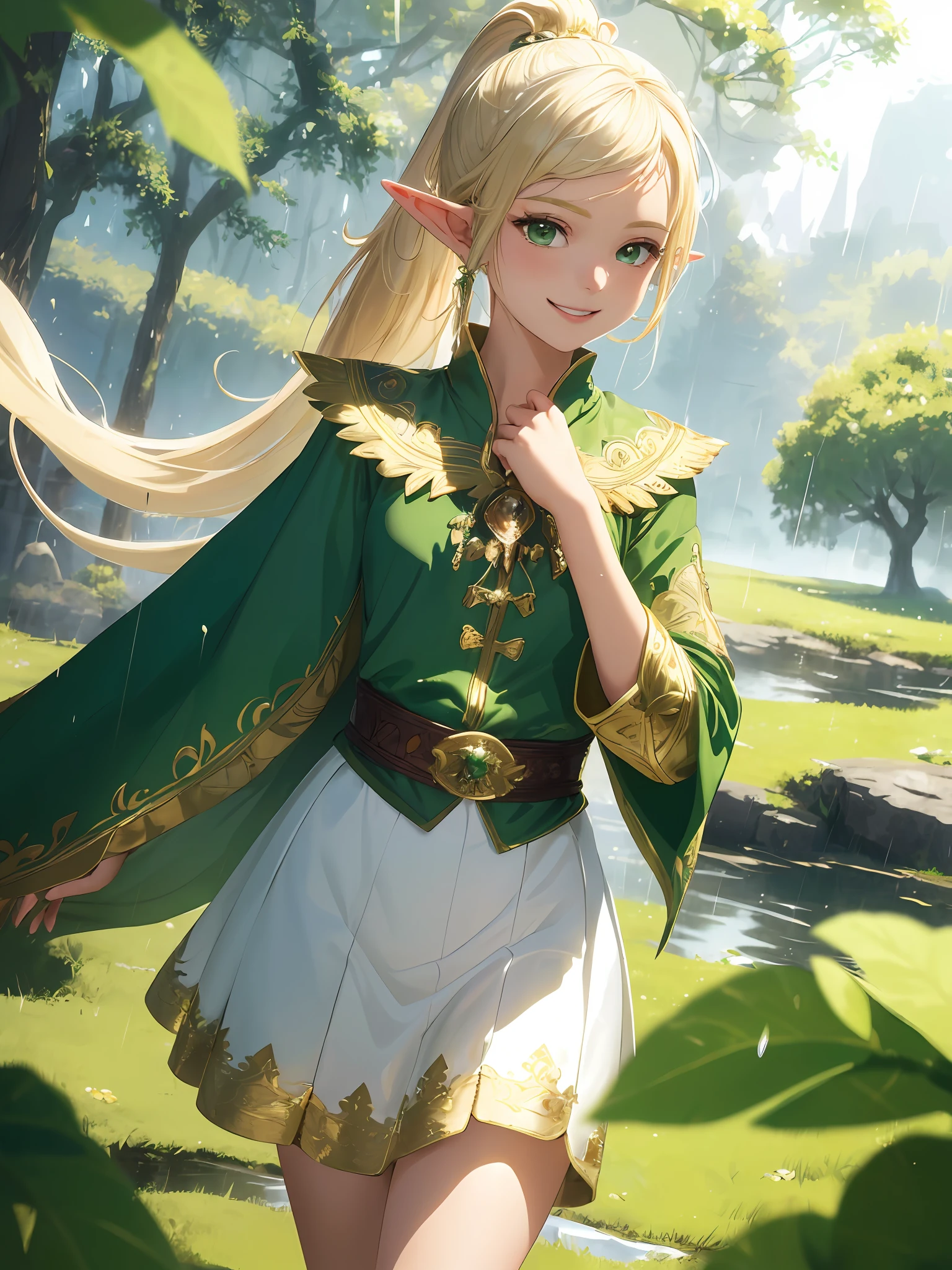 (((Masterpiece, highest quality, high definition, high detail)))), (((((Fantasy)))), one, (Elf woman)))), (short white skirt with gold embroidery), (blonde long straight ponytail), (glossy dark green eyes), (green surcoat with gold embroidery), (green cape with golden embroidery), big, (lakeside)), (a lot of rain)), ( Beating the rain with big leaves))), ((smiles)), tilting your head, (breeze), (cowboy shot))