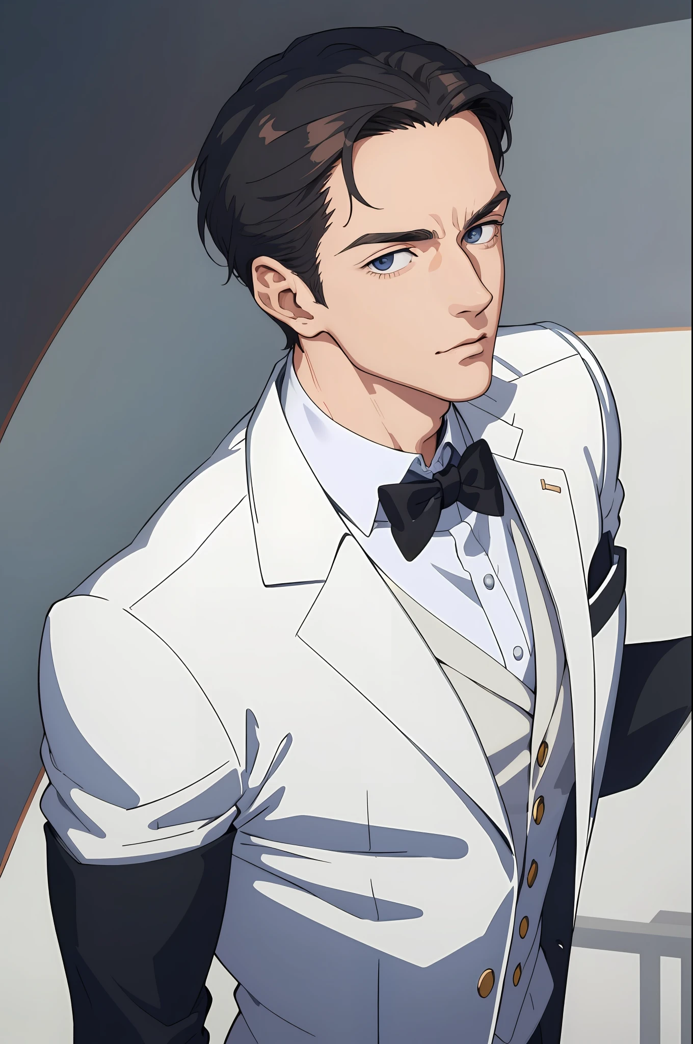 ((masterpiece:1.2, best quality)), 4k, 1man, adult, mature, handsome, very short hair, forehead, white suit, portrait, extremely detailed face, (muscle:1.4, wide shoulders:1.4, regular body)