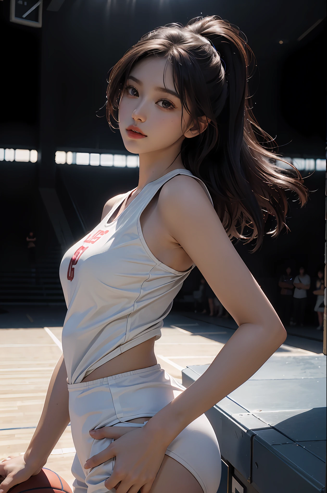 (RAW photo, 4k, masterpiece, high resolution, extremely complex) (realistic: 1.4), cinematic lighting Delicate girl with facial features
1 Girl, Single Focus, Summer Noon, Hot, 1990s\(Style\), Skin White Breasts (best quality), (Highres), (an extremely delicate and beautiful),,(Beautiful 8k face),(Brown eyes),(ulzzang-6500:1.0),(solo),(Looking side),( spectators),(large breasts),(NBA),bent over,,lookside,(side), ,(Basketball sportswear),((Play basketball)),((gymnasium)),((speed)),(reality),