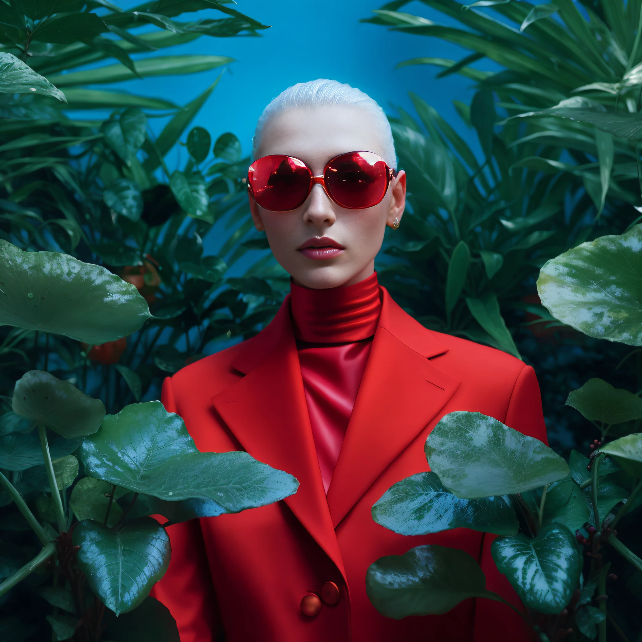 a woman in a red suit and red sunglasses standing in a garden, photography alexey gurylev, photography alexey kurylev, high - end fashion photoshoot, fine art fashion photography, amongst foliage, high fashion photography, monia merlo, fashion editorial, fashion editorial photography, editorial fashion photography, fashion photography, fashionable futuristic woman, aerochrome eyes, portrait shot --auto --s2