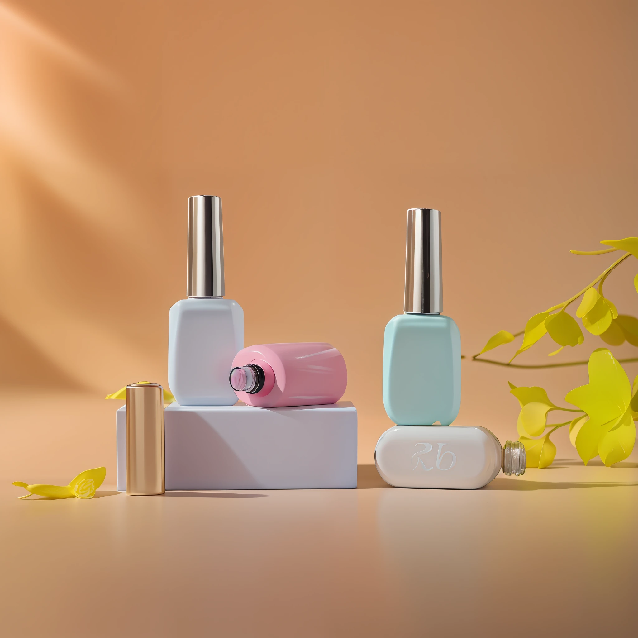 there are two bottles of nail polish and a bottle of nail polish, product introduction photo, miniature product photo, product photography, product shoot, product introduction photos, high quality product photography, pastel matte colors, various colors, commercial product photography, pastel colors only, studio product photography, professional product photography, product photography 4 k, pastel colored, pastel color, nail polish --auto --s2