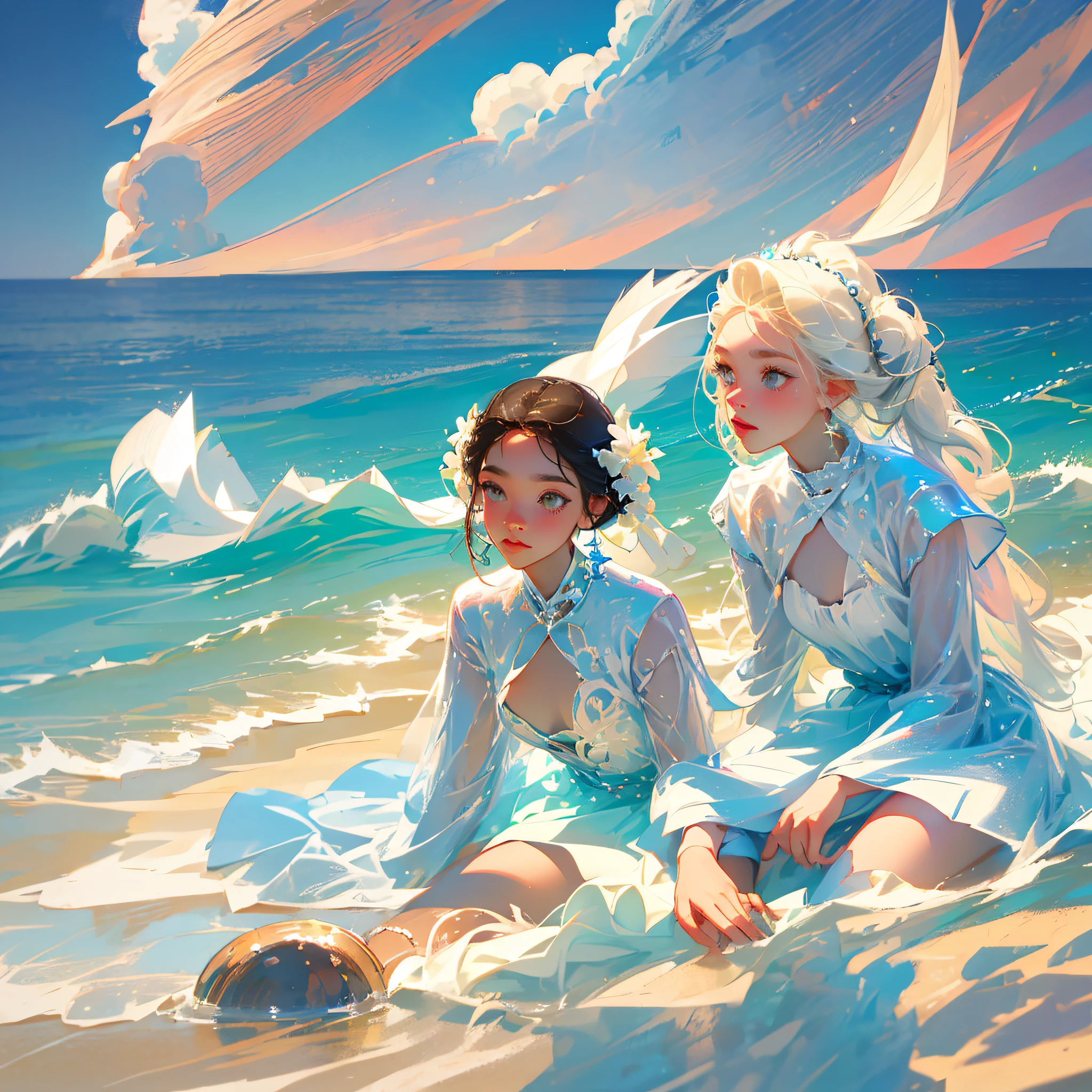 Masterpiece, best quality, two girls playing on the beach, happy, fine facial features, golden white sand, endless clear ocean, clean blue sky, white clouds, --auto --s2