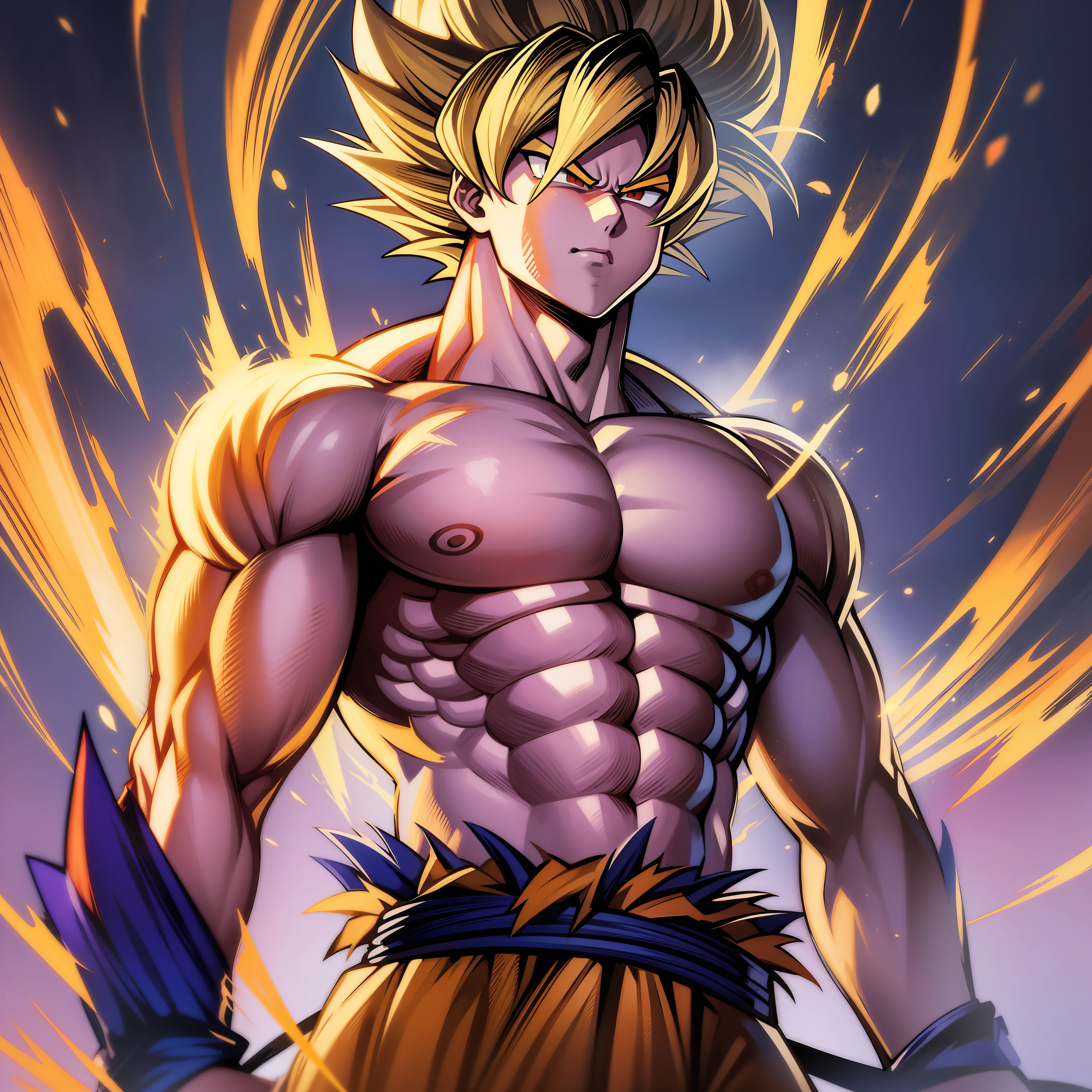 Son goku super sayajin looking up, serious face. aura of power. Muscles. soft light. digital art. traces of 90's anime. Torn clothes.