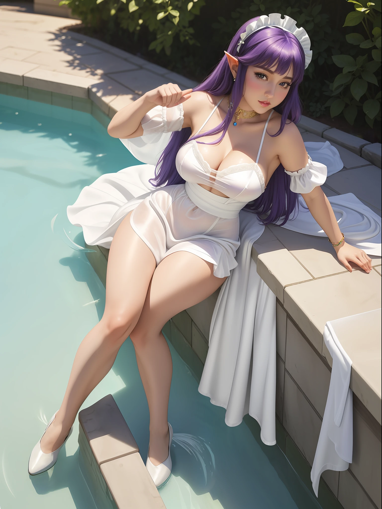 (full-body photo:1.5), (Princess Zelda/19 years old), (large, hard breasts:1.5), (transparent:1.3), (extremely tight on body:1.3), (white silk maid outfit+looking at the viewer:1.4), (naughty facial expression:1.3), (posing sensually:1.3), inside a water park under a shower with water falling hard on top of her, (she has short, straight purple hair:1.2), (green eyes:1.2), realism, hyperrealism, Verismo, ultra realistic photo, 16k, award-winning, best quality, high details, anatomically correct, textured leather, UHD, masterpiece