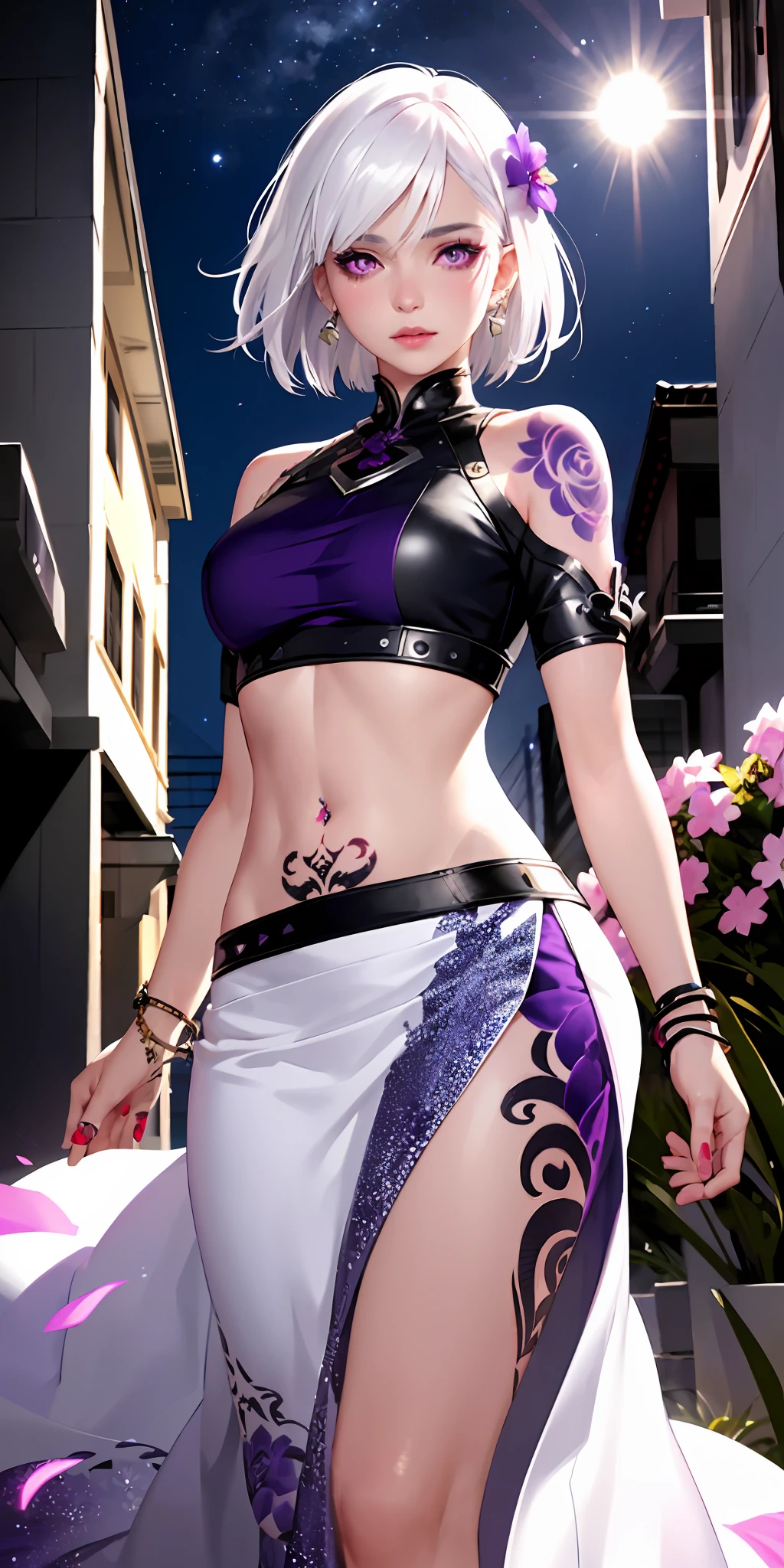 Realistic, 1girl, white hair, purple eyes, glowing eyes, cropped top, gorgeous skirt, parted lips, blush, night, flowers, sun, sun, tattoo on lower abdomen