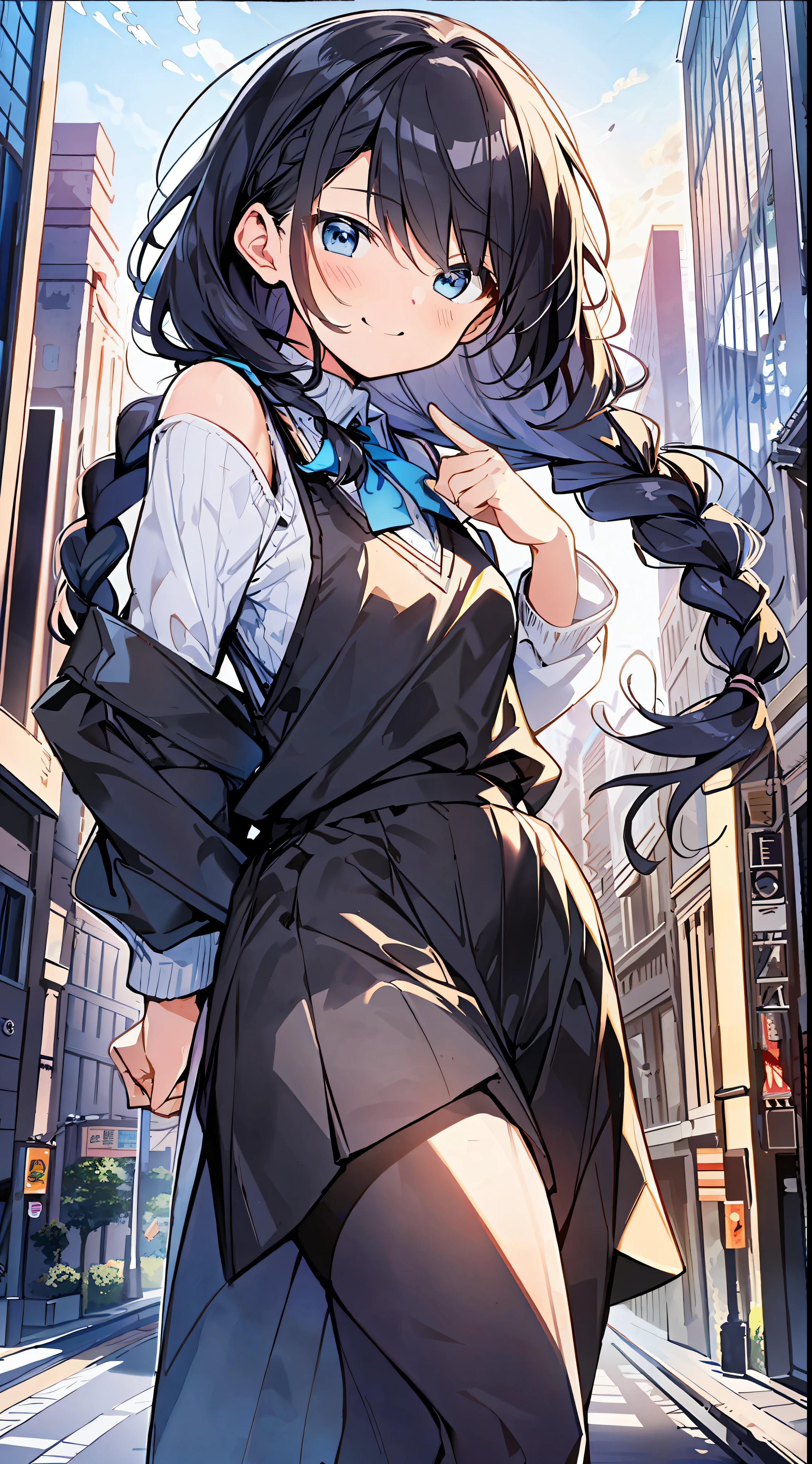 Top Quality, Best Masterpiece, Ultra High Definition, 8K, Light Blue Sweater Vest, Anime Style Loli, Single, Ultra Detailed Line Art, Digital Enhancement, Anime Core, Flowing Fabric, Close Up, ((Hair length to shoulder mouth and short braid)), staring at us from the front, soft drawing, beautiful black hair, crisp eyes, smiling smile, ultra-detailed digital anime art, Ultra-detailed anime character art, ultra-detailed manga style, top-quality colors, hand gestures, foot-ready angles, cityscapes with nature
