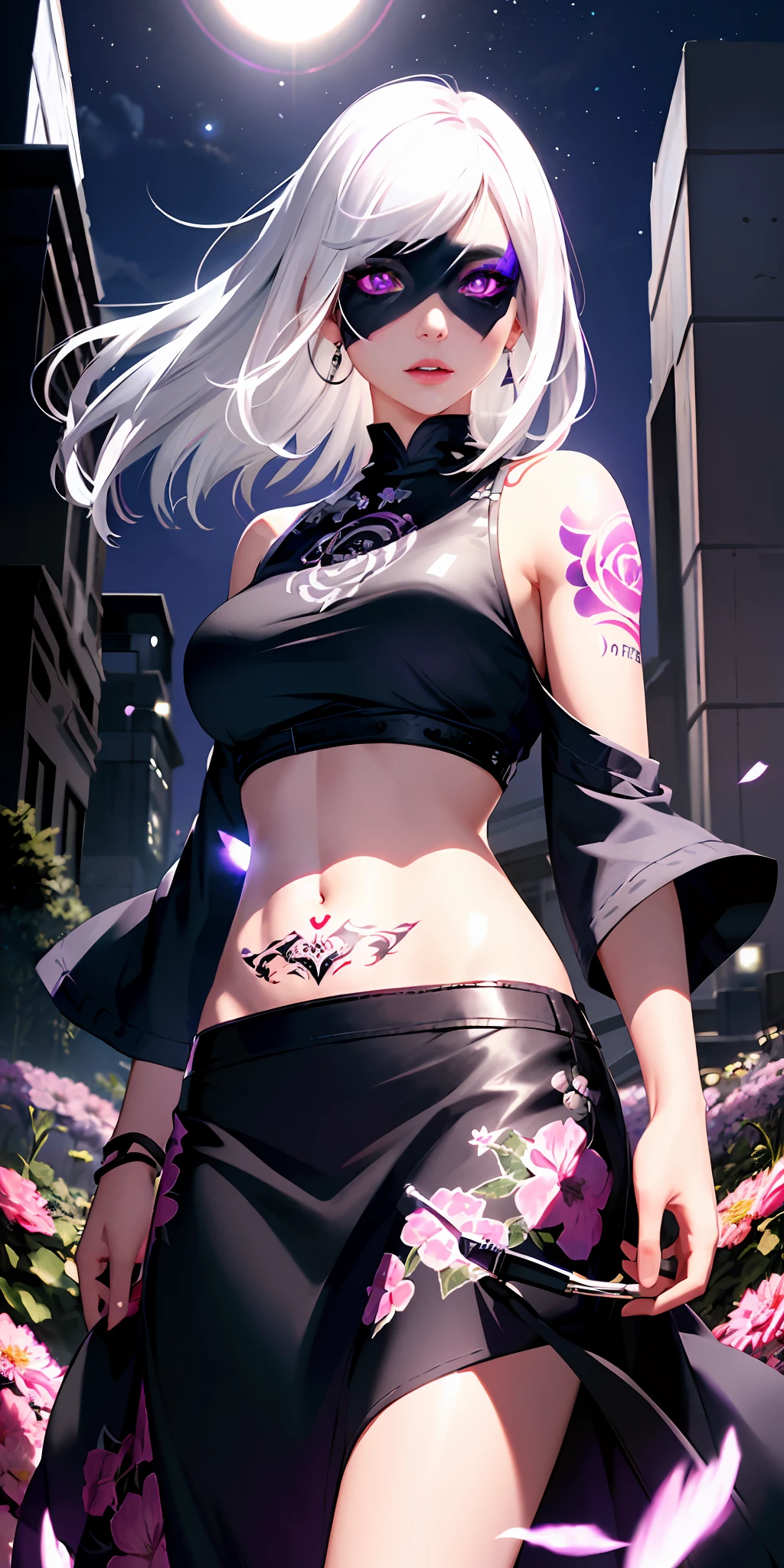 Realistic, 1girl, white hair, purple eyes, glowing eyes, cropped top, gorgeous skirt, parted lips, blush, night, flowers, sun, sun, tattoo on lower abdomen