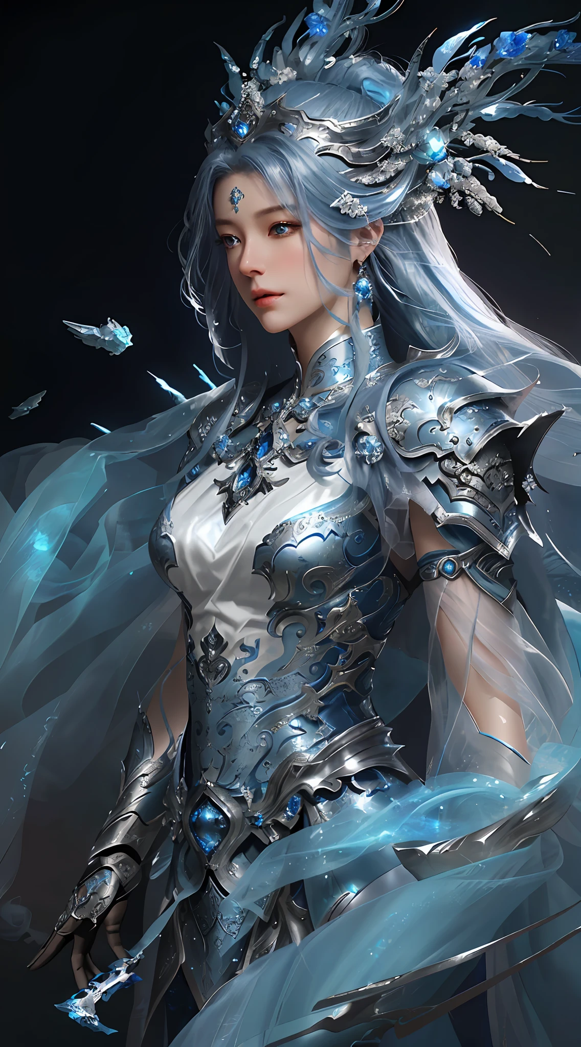 a close up of a woman in a silver and blue dress, chengwei pan on artstation, by Yang J, detailed fantasy art, stunning character art, fanart best artstation, epic exquisite character art, beautiful armor, extremely detailed artgerm, detailed digital anime art, artgerm on artstation pixiv, armor girl