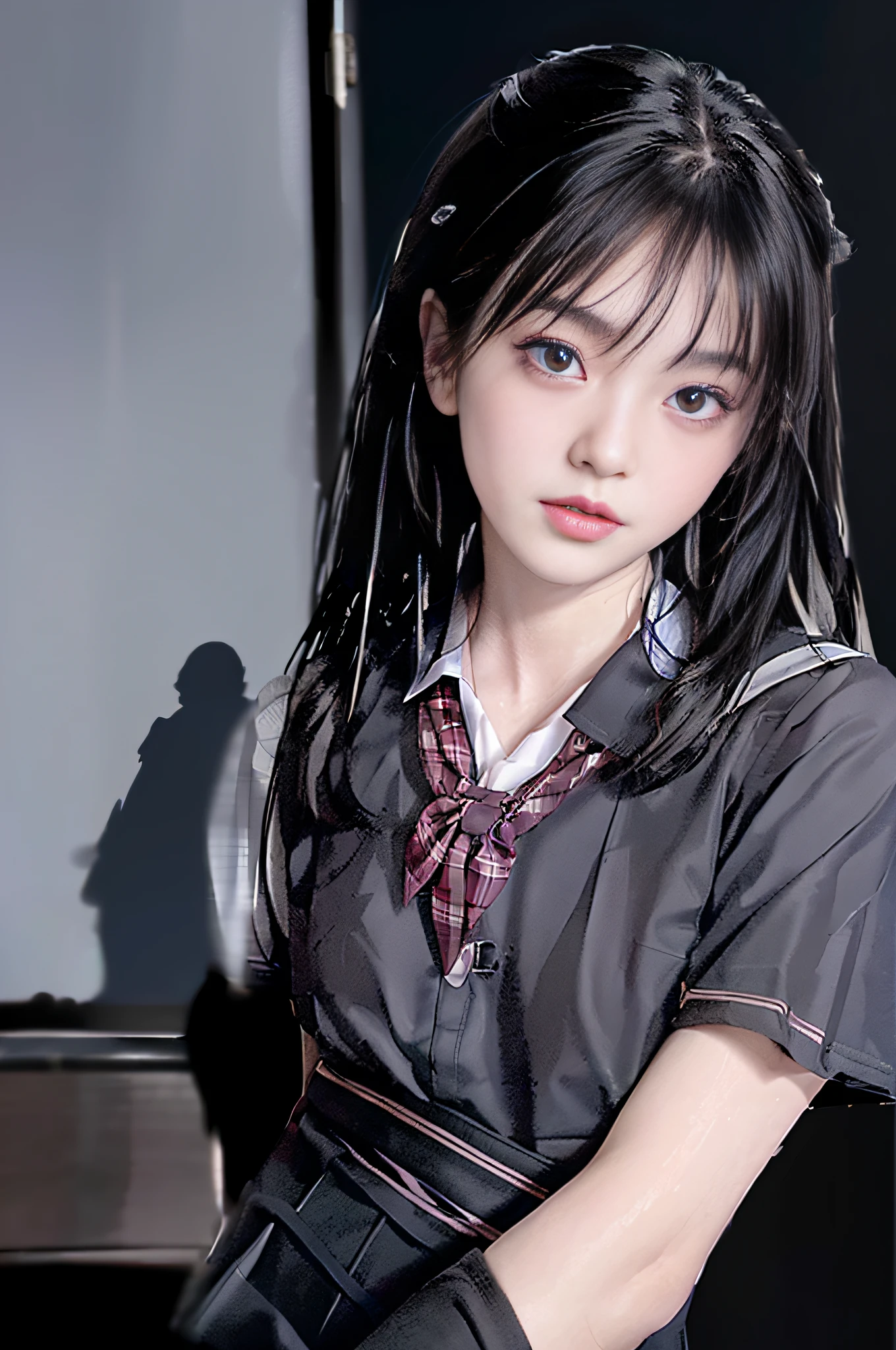 ((8k, RAW photo, top quality, masterpiece), HD RAW color photo professional close-up photo, (realistic, realistic: 1.37), (highest quality), (best shadow), (best illustration),, sexy, super high resolution, hd CG unified 8K wallpaper, physically based rendering, movie lighting), high school student, beautiful girl, 1 16 year old female high school student, white shirt, wet white shirt, light blue shoulder straps through, brown plaid short tie, hand ruffling hair, standing, Slightly red face, big watery eyes, petite posture, broad and narrow shoulders, super large eyes, double eyelids, lying silkworm, deepening at the end of the eyes, faint eye shadow, shiny corners of the eyes, long eyelashes, blue pupils, lip biting makeup, pink lips, shiny lips, naturally drooping long black hair, wet sideburns, slanted bangs, brown and black JK plaid skirt, ultra-short pleated skirt, miniskirt, sister, staring at the camera with affection, black sheer pantyhose, black silk, black silk, uniform leather shoes, fine skin texture, Super high picture quality, affectionate, shy, blush, heartwarming, classroom, desk, chair, blackboard, evening, sunset outside the window, depth of field, real background, after school, very thin legs, beautiful legs, narrow shoulders, well-proportioned body, no hands, extremely high definition, extremely high pixels, texture of stockings, gloss of stockings, ultra-thin black silk