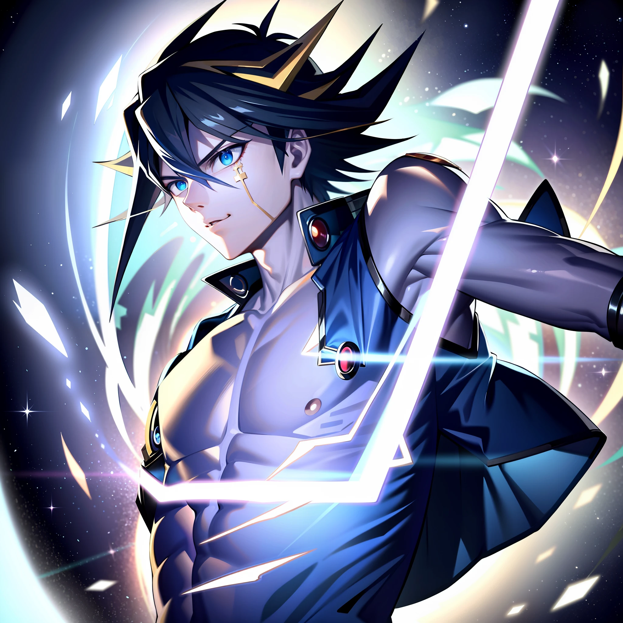 ((masterpiece, best quality)),(complex light),1boy, solo , upper body, blue eyes,  ,Yusei Fudo, black hair, floating light particles,