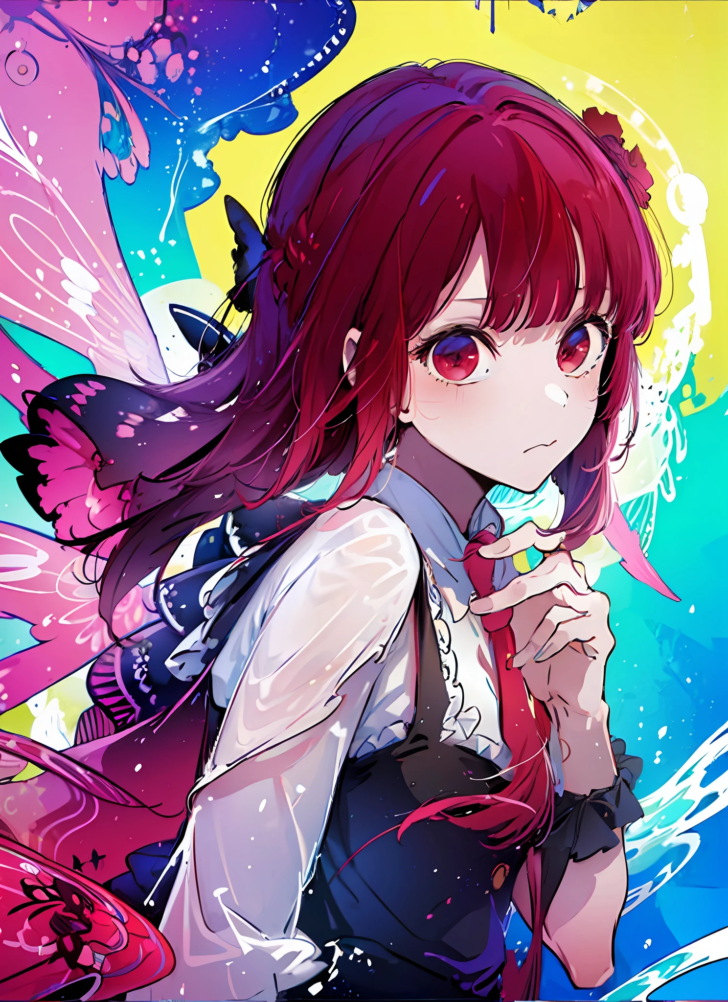 (flat color:1.3),(colorful:1.3),(masterpiece:1.2), best quality, masterpiece, original, extremely detailed wallpaper, looking at viewer,1girl,solo,floating colorful water, red hair, red eyes, medium breast
