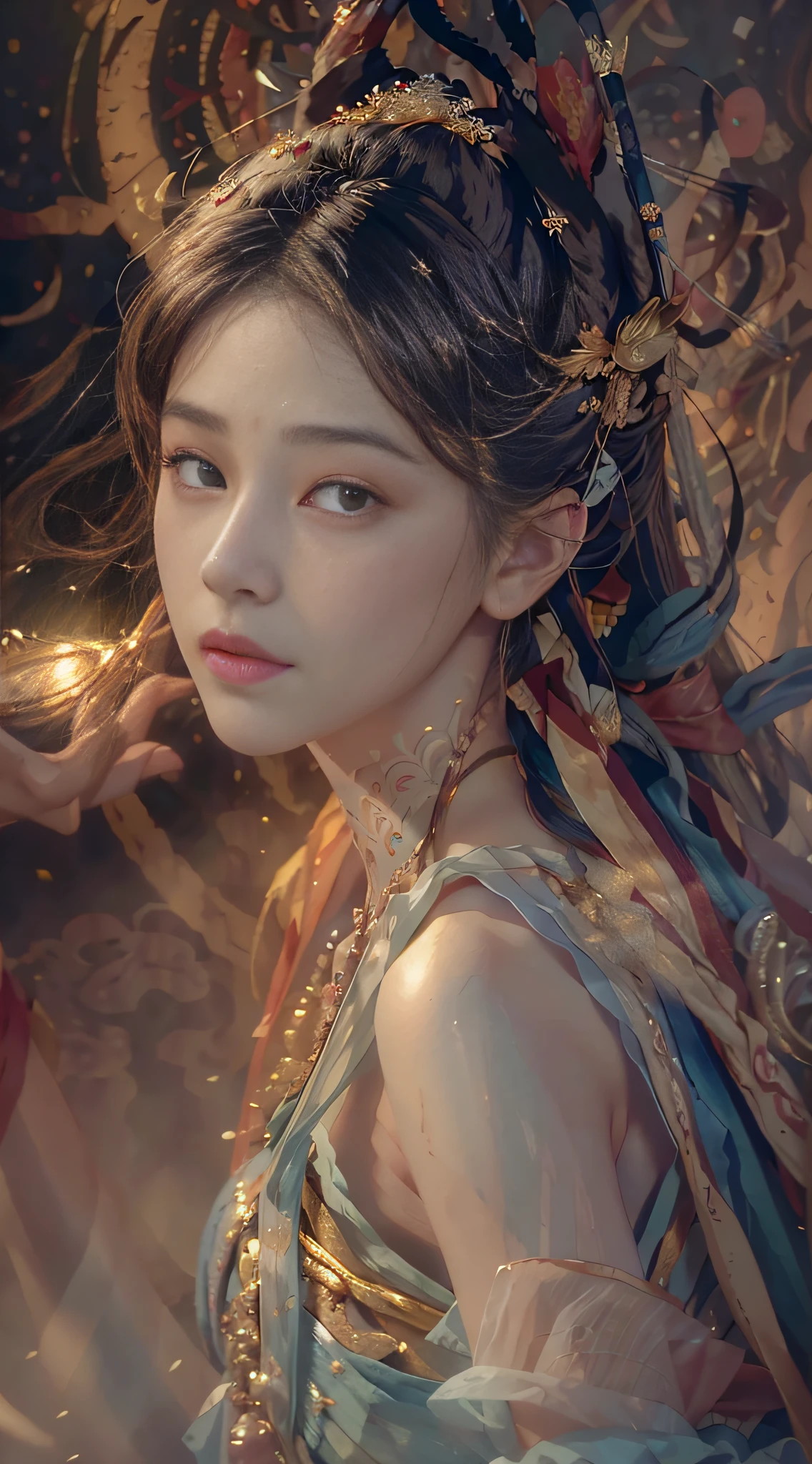 (RAW photo, best quality), (realistic, photo-realistic:1.3),best quality,highly detailed,masterpiece,ultra-detailed,illustration,1girl,upper_body,dynamic angle,world masterpiece theater,messy_long_hair,best quality,extremely detailed CG unity 8k wallpaper,ink,Amazing,cinematic lighting,lens_flare,,dunhuang_style