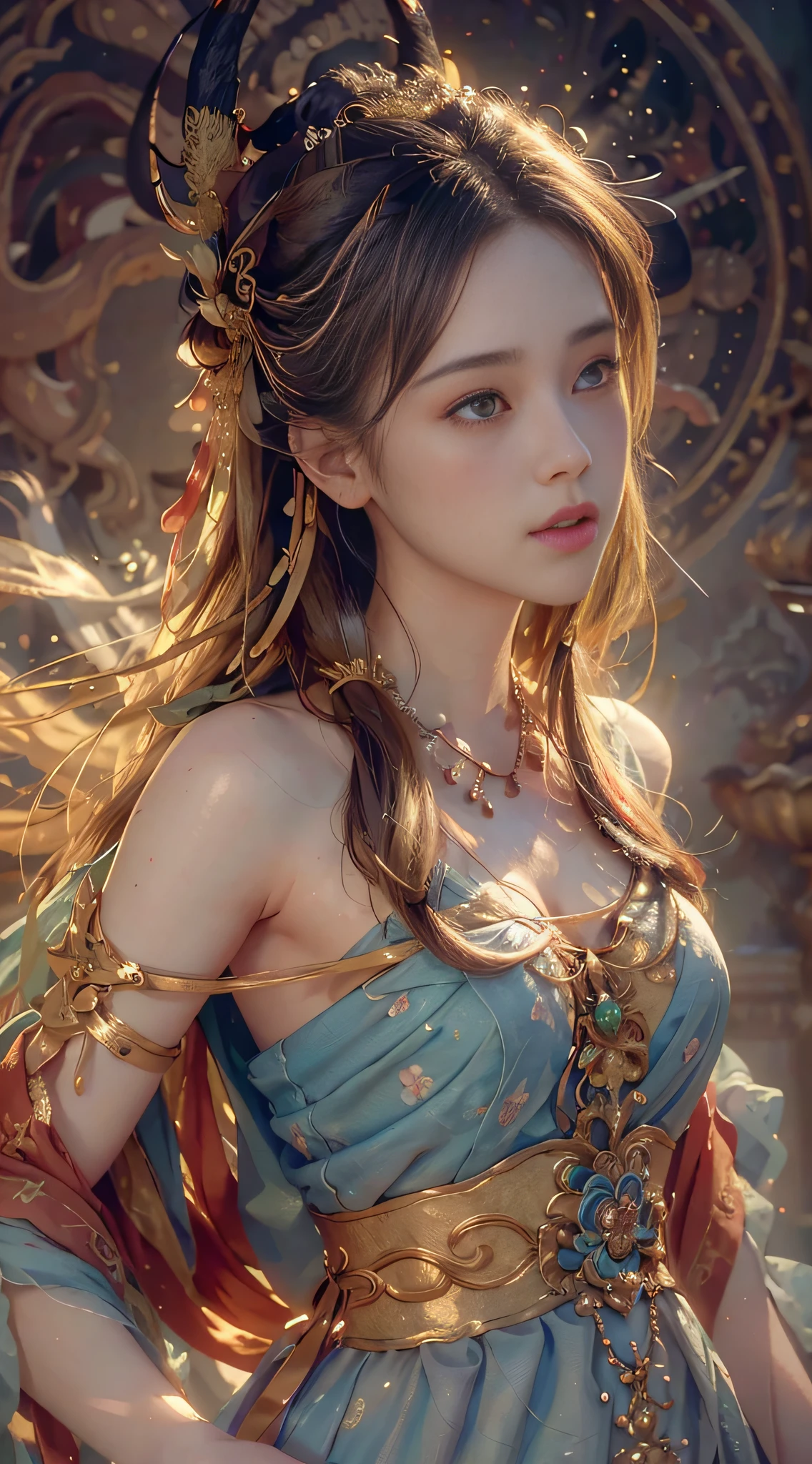 (RAW photo, best quality), (realistic, photo-realistic:1.3),best quality,highly detailed,masterpiece,ultra-detailed,illustration,1girl,upper_body,dynamic angle,world masterpiece theater,messy_long_hair,best quality,extremely detailed CG unity 8k wallpaper,ink,Amazing,cinematic lighting,lens_flare,,dunhuang_style
