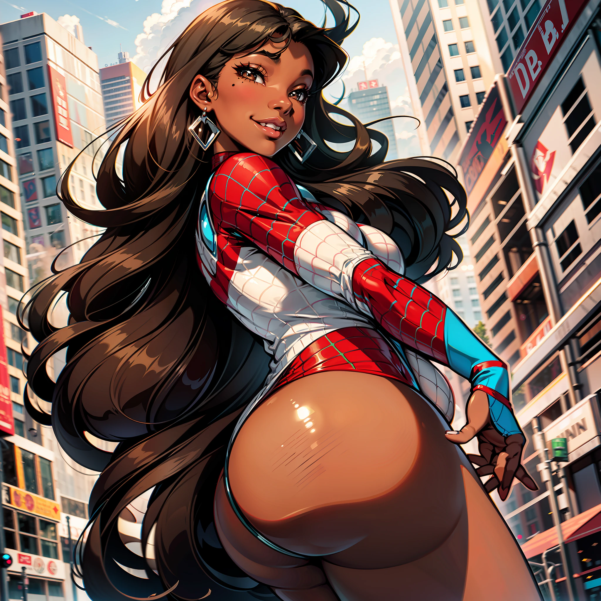 1girl, solo, breasts, dark_skin, dark-skinned_female, straight_hair, black_hair, shiny, shiny_hair, lips, parted_lips, brown_eyes, huge_natural_breasts, huge butt, eyelashes, big_lips, lipstick, very_long_hair, mole, mole on chest, very dark-skinned female, chubby female, chubby girl, highly detailed, clear focus, chubby, chubby woman, high quality, best quality, 8k, smile, latin girl, spiderman cosplay, spiderman suit, spiderman performance, fantasy, full spiderman suit, spiderwoman suit, spidergirl, spiderwoman