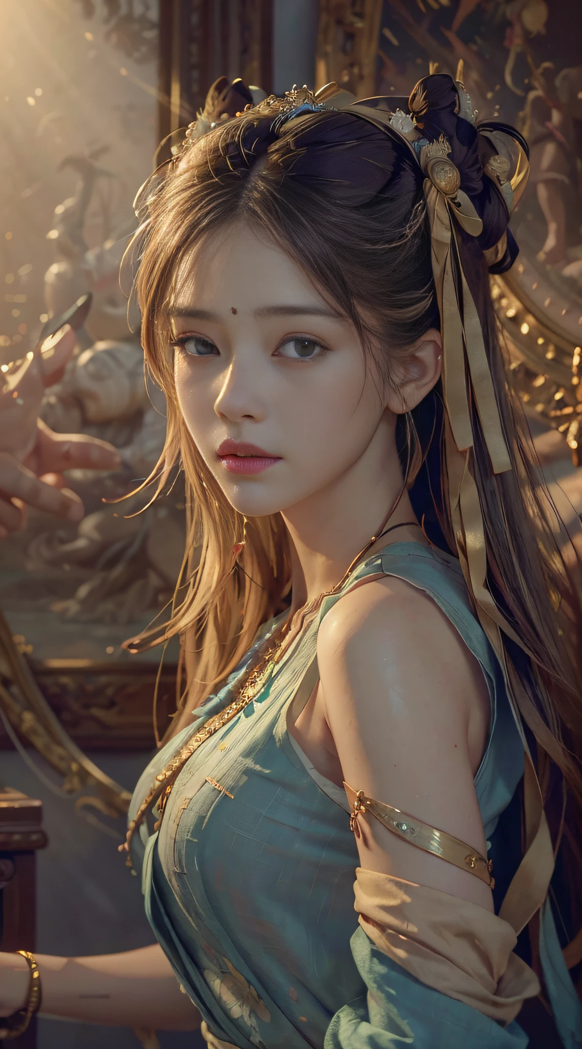 (RAW photo, best quality), (realistic, photo-realistic:1.3),best quality,highly detailed,masterpiece,ultra-detailed,illustration,1girl,upper_body,dynamic angle,world masterpiece theater,messy_long_hair,best quality,extremely detailed CG unity 8k wallpaper,ink,Amazing,cinematic lighting,lens_flare,,dunhuang_style