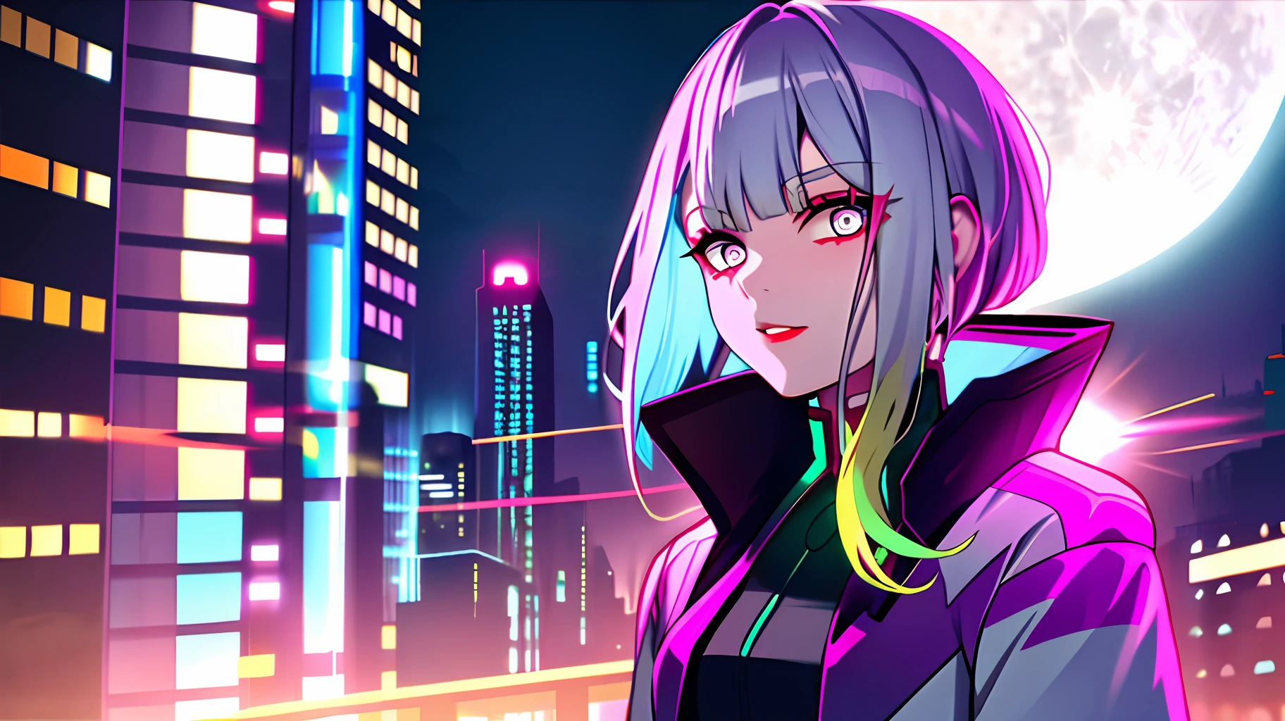 lucy \(cyberpunk\), 1girl, hair scrunchie, hime cut, silver hair, colored tips, full moon, grey eyes, jacket, long sleeves, looking at viewer, medium hair, multicolored hair, parted bangs, parted lips, pink hair, portrait, red eyeliner, red lips, solo, white jacket, cyberpunk \(series\), rainy night in a cyberpunk city with glowing neon lights