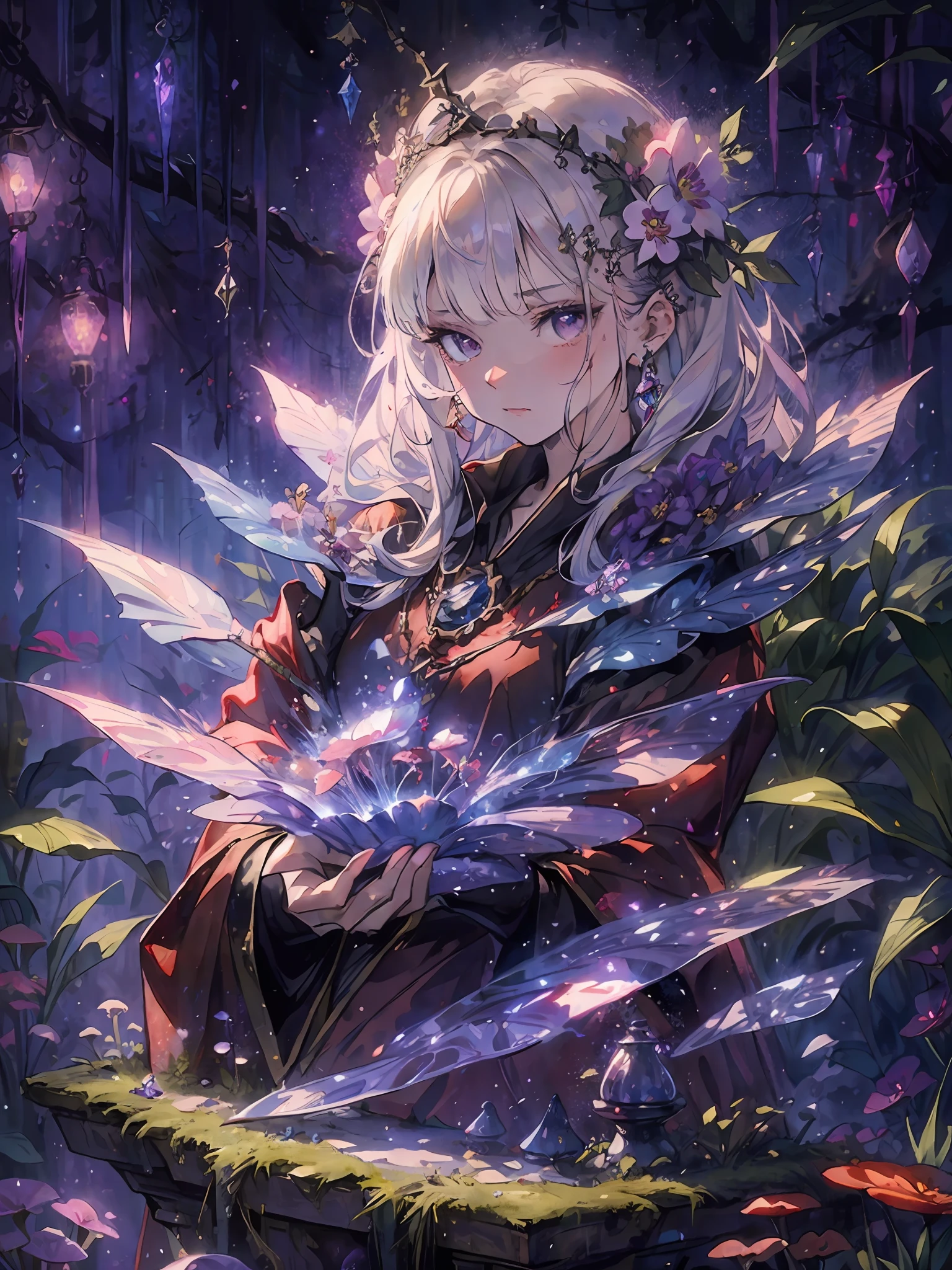 masterpiece, high quality, highly detailed, vampire, long flowing robe with magical star details, Jewelry with mystical gems, Belt with bags of potions or ingredients, background: Old trees with vines, magical particles floating in the air, exotic flowers, glowing mushrooms, natural crystals, light mist, runes on the trees, holy stones scattered on the ground, illustration,
