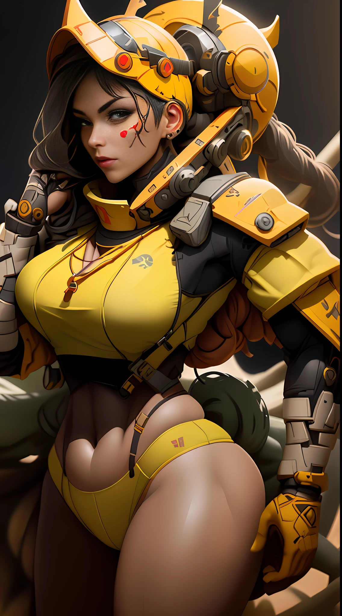 33 year old woman full body, big butt, big breasts, with a spartan helmet, and wearing a red and yellow bikini, using a spear, posing for a photo shoot, very detailed, hyperrealistic, 8k resolution