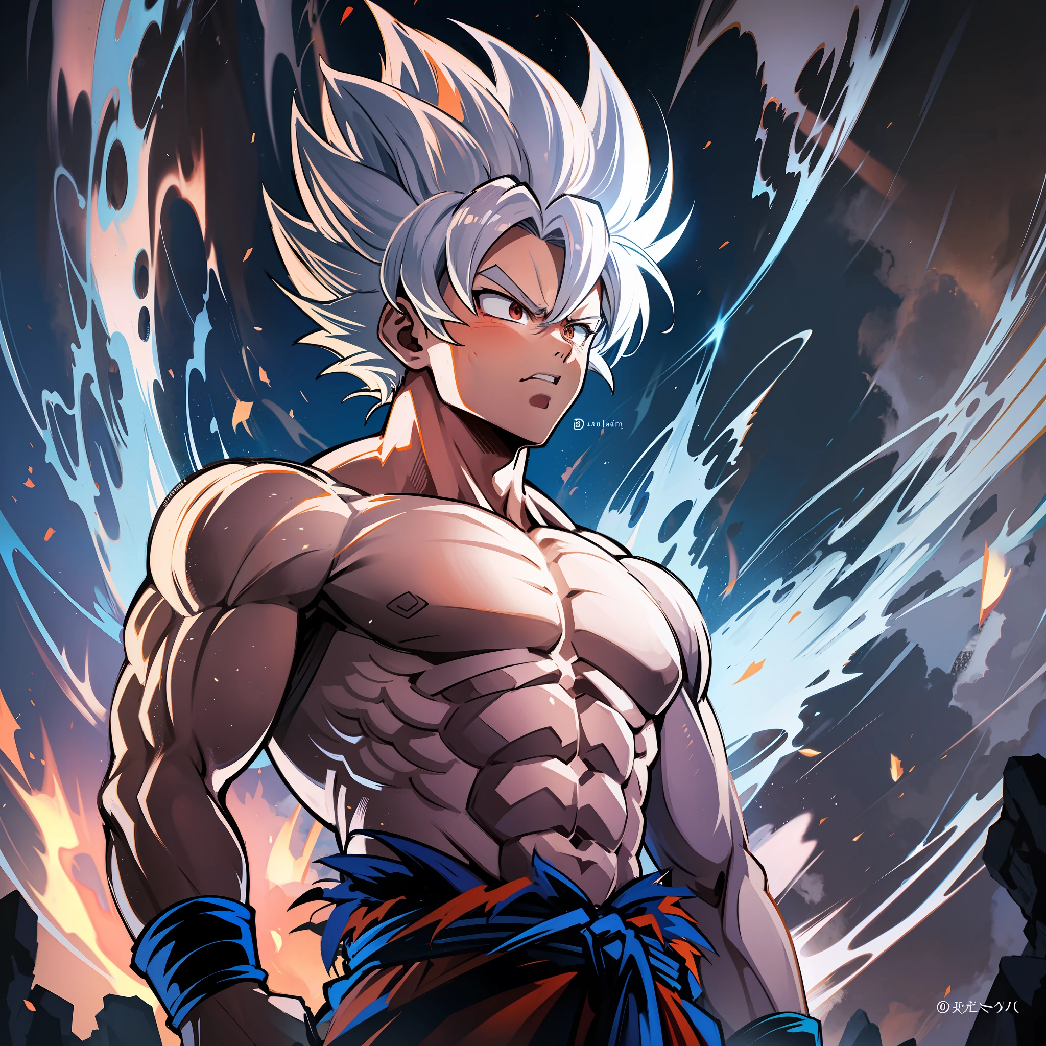 Son goku super sayajin looking up, serious face. aura of power. Muscles. soft light. digital art. traces of 90's anime. Torn clothes. Face defined