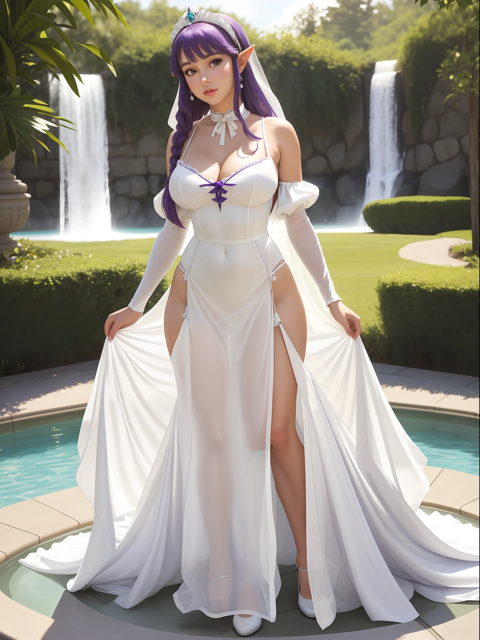 (full-body photo:1.5), (Princess Zelda/19 years old:1.2), (large, hard breasts:1.5), (transparent:1.3), (extremely tight on body:1.3), (white silk maid outfit+looking at the viewer:1.4), (naughty facial expression:1.3), (posing sensually:1.3), inside a water park under a shower with water falling hard on top of her, (she has short, straight purple hair:1.2),   (green eyes:1.2), realism, hyperrealism, Verismo, ultra realistic photo, 16k, award-winning, best quality, high details, anatomically correct, textured leather, UHD, masterpiece
