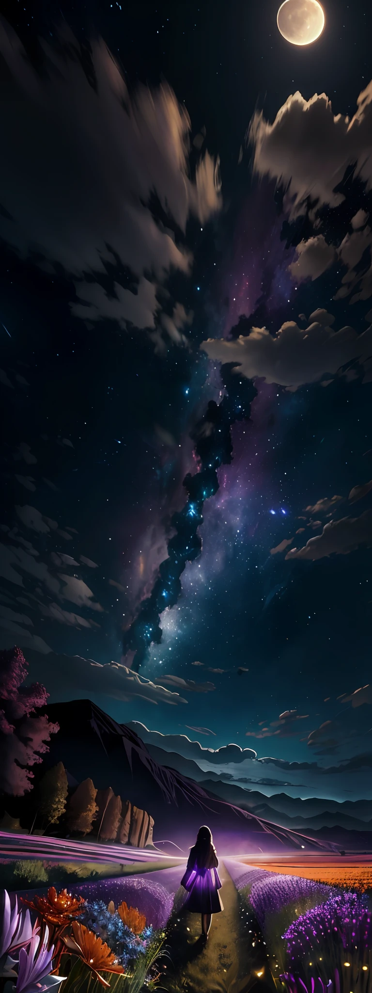 expansive landscape photograph , (a view from below that shows sky above and open field below), a girl standing on flower field looking up, (full moon:1.2), ( shooting stars:0.9), (nebula:1.3), distant mountain, tree BREAK
production art, (warm light source:1.2), (Firefly:1.2), lamp, lot of purple and orange, intricate details, volumetric lighting, realism BREAK
(masterpiece:1.2), (best quality), 4k, ultra-detailed, (dynamic composition:1.4), highly detailed, colorful details,( iridescent colors:1.2), (glowing lighting, atmospheric lighting), dreamy, magical, (solo:1.2)