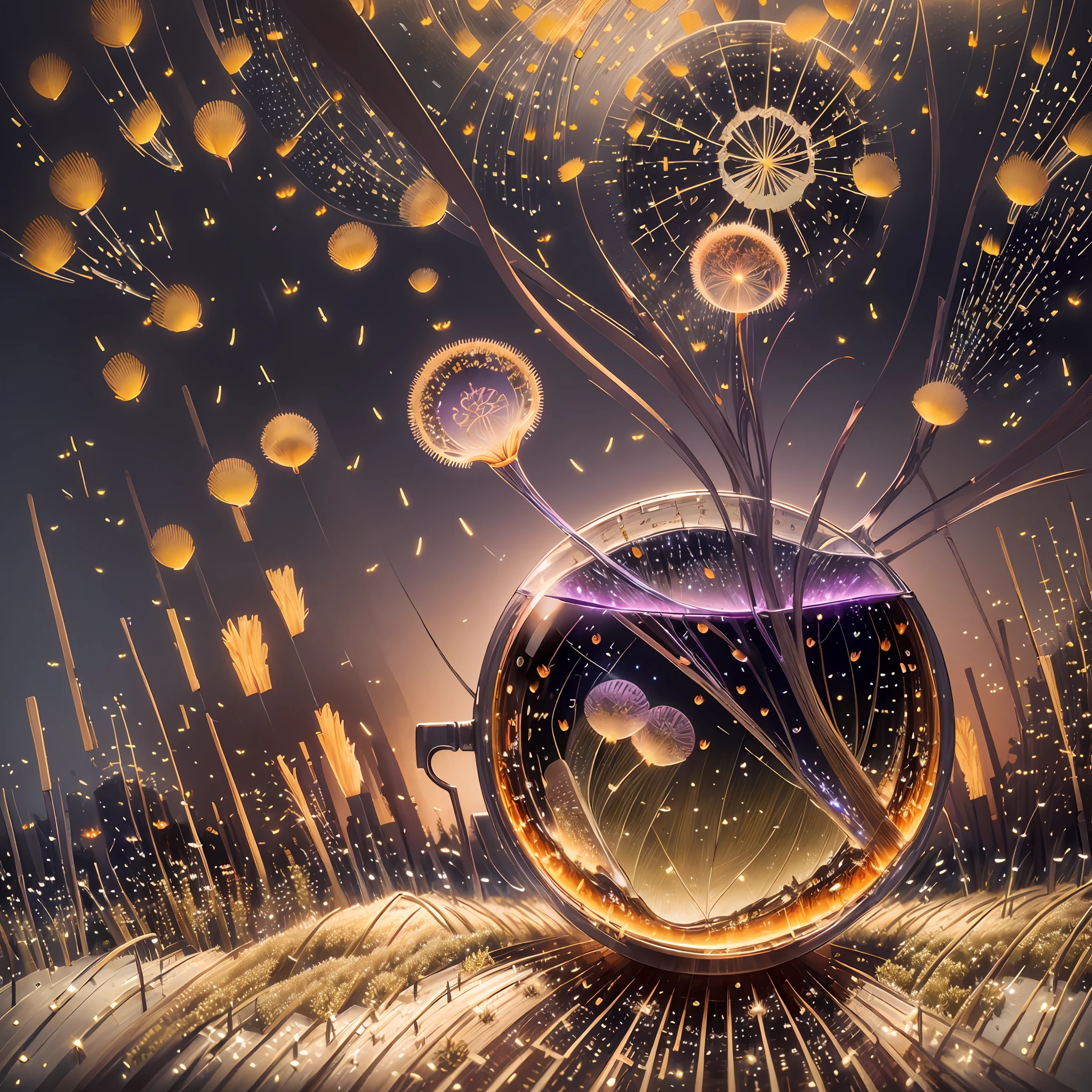 Computer, Extensive landscape ultrasound photography (general view showing a field, dandelions, dew drop, sky, dawn, glass, bottle, rainbow), field, dandelions, (detailed description of the field, dandelions), dawn, (detailed description of dawn), inside the glass dew (ultradetailed dew, reflections), butterflies (detailed), dawn, pink sky, moon, rainbow in dew (detailed), dandelion field (detailed), reflection of dawn on the water surface, reflection of falling petals,   (1:3), fireflies (1:3), (ultra-detailed description of appearance), burning dawn (crystals: 1,2), BREAK production art, (warm, cold light source:1.2), (Firefly:1.2), pink, scarlet, purple, fire particles, colors, complex details, volumetric lighting, realistic fantasy BREAK (masterpiece:1.2), (best quality), 4k, ultra-detailed, (dynamic composition: 1.4), high detailed, colorful details, (gloomy colors: 1.2), (luminous lighting, atmospheric lighting),  gloomy, dark, magical,