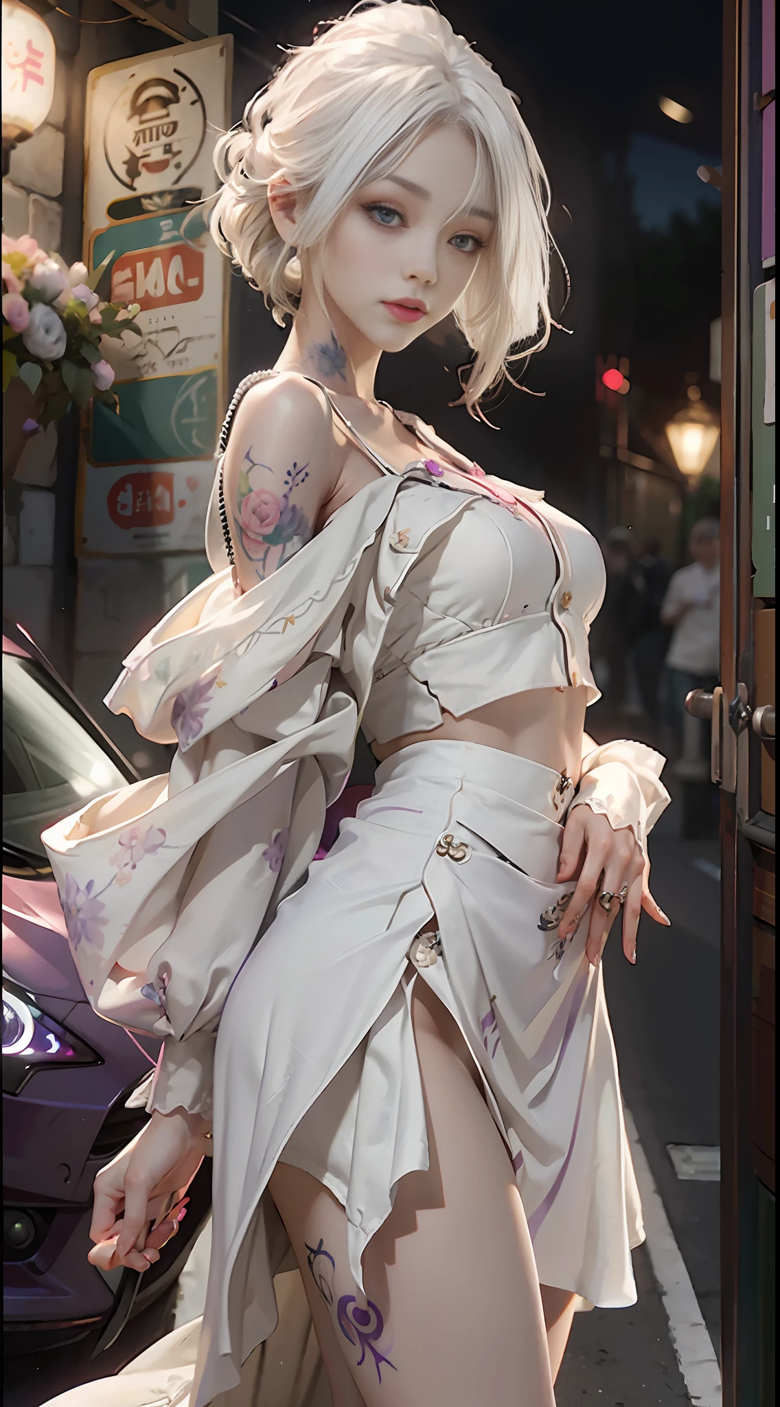 Realistic, 1girl, white hair, purple eyes, glowing eyes, cut top, skirt, parted lips, blush, night, flowers, sun, sun, tattoo on lower abdomen