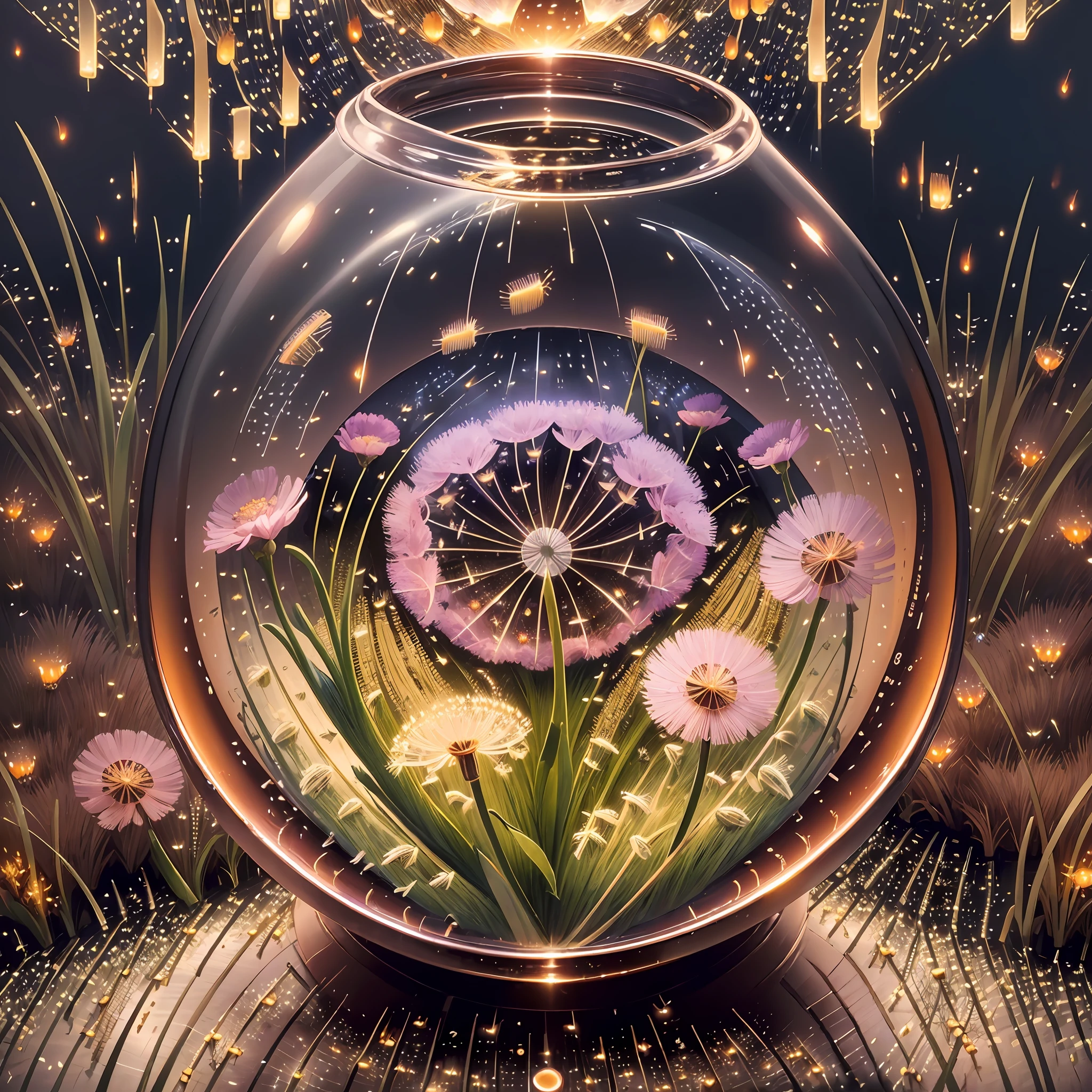 Computer, Extensive landscape ultrasound photography (general view showing a field, dandelions, dew drop, sky, dawn, glass, bottle, rainbow), field, dandelions, (detailed description of the field, dandelions), dawn, (detailed description of dawn), inside the glass dew (ultradetailed dew, reflections), butterflies (detailed), dawn, pink sky, moon, rainbow in dew (detailed), dandelion field (detailed), reflection of dawn on the water surface, reflection of falling petals, (1:3), fireflies (1:3), (ultra-detailed description of appearance), burning dawn (crystals: 1,2), BREAK production art, (warm, cold light source:1.2), (Firefly:1.2), pink, scarlet, purple, fire particles, colors, complex details, volumetric lighting, realistic fantasy BREAK (masterpiece:1.2), (best quality), 4k, ultra-detailed, (dynamic composition: 1.4), high detailed, colorful details, (gloomy colors: 1.2), (luminous lighting, atmospheric lighting), gloomy, dark, magical,