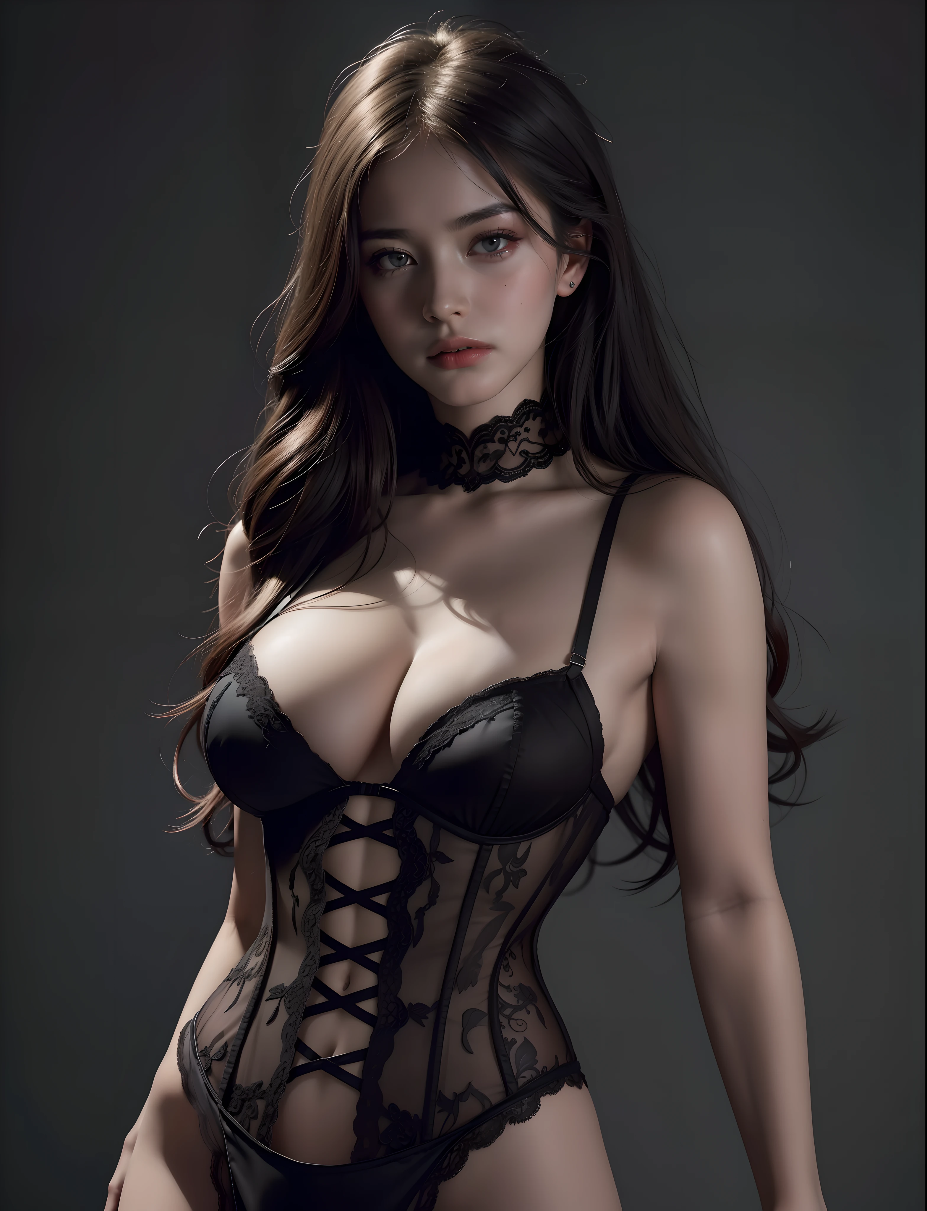 Best quality, masterpiece, ultra high res, (photorealistic:1.4), raw photo, 1girl, looking at viewer, delicate intricate lace corset, FilmG, best shadow, intricate, depth of field, long hair, messy hair, large breast, (((low key, dark scene, dimly lit ))), white skin, (dynamic pose:1.2), dark background, (full body:0.6)