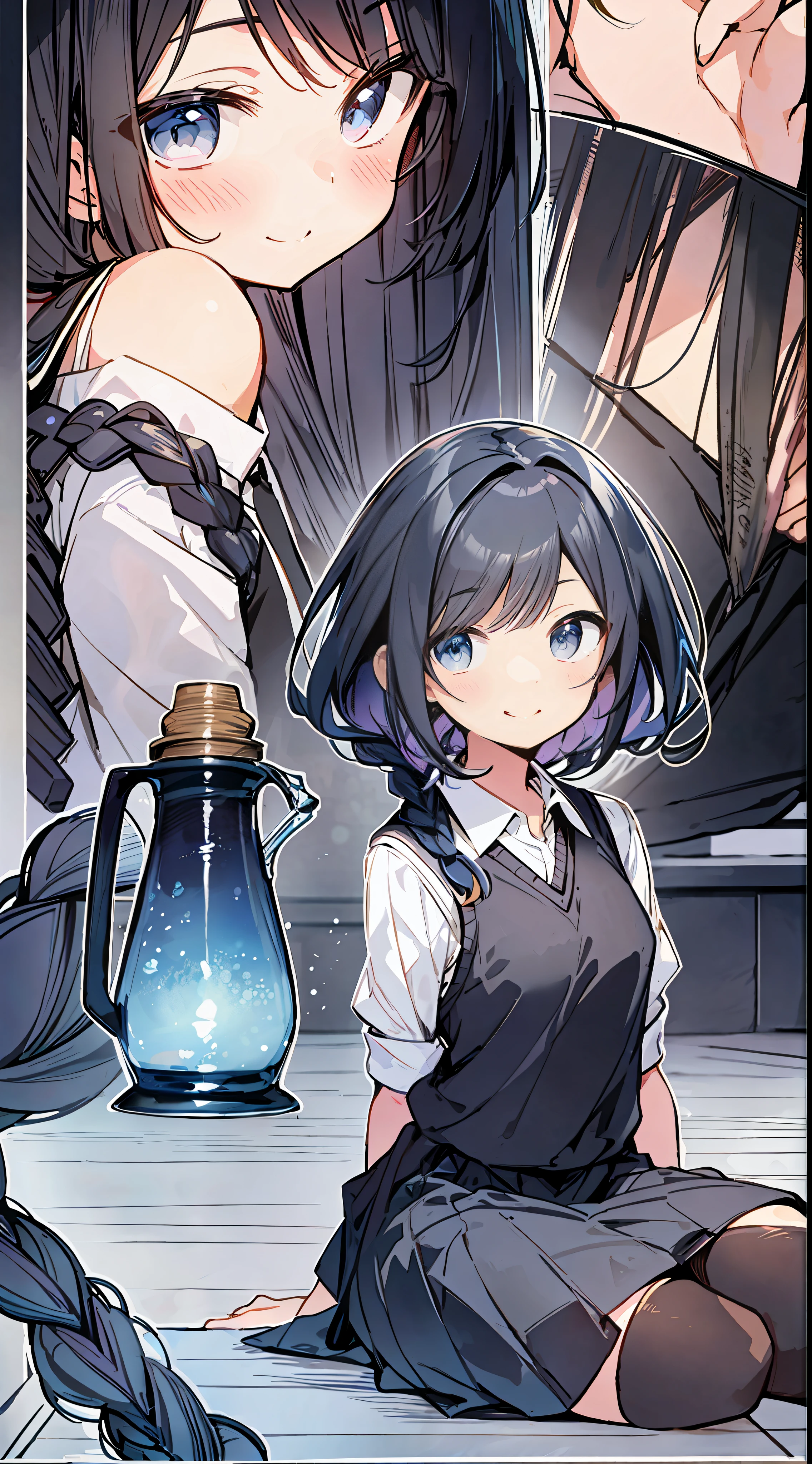 Top Quality, Best Masterpiece, Ultra High Definition, 8K, Light Blue Sweater Vest, Anime Style Little Loli, Single, Ultra Detailed Line Art, Digital Enhancement, Anime Core, Flowing Fabric, Close Up, ((Hair length to shoulder mouth and short braid)), staring at us from the front, soft drawing, beautiful black hair, crisp eyes, smiling smile, ultra-detailed digital anime art, Ultra-detailed anime character art, ultra-detailed manga style, top-quality colors, hand gestures, foot-level angles, indoor
