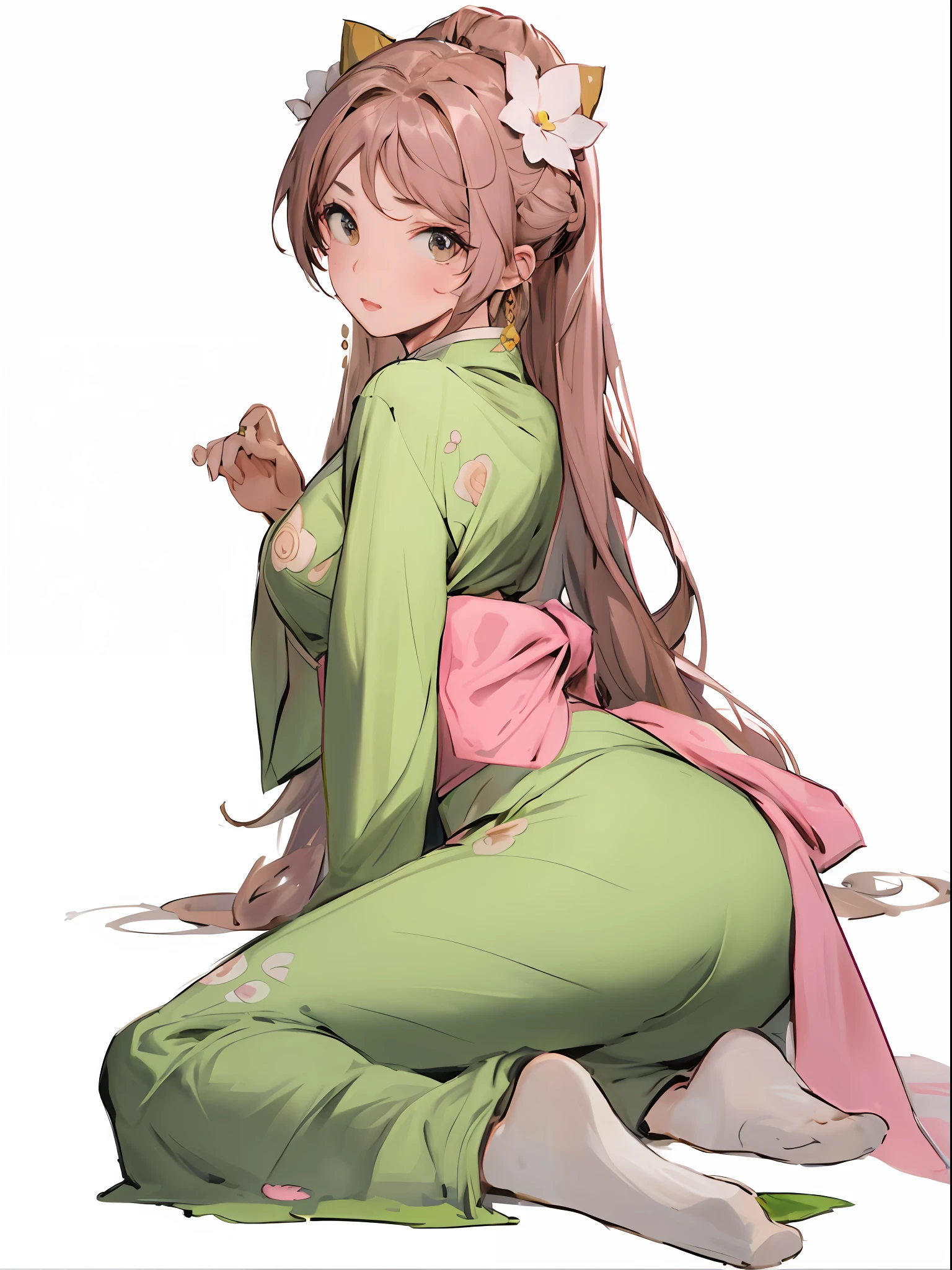 A kneeling girl, brown hair, black eyes, green clothes, green skirt, pink gradient, pink neckline, lotus pattern, Hanfu, Chinese dress, anime, two-dimensional, high quality,