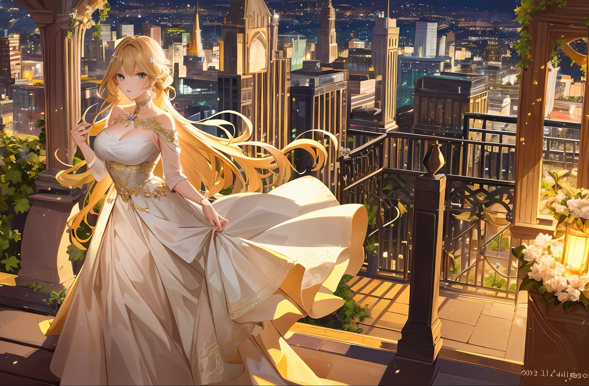 A dazzling woman with emerald green eyes, high cheekbones, full lips, and cascading curls of honey blonde hair flowing in the breeze. Her dress is a shimmering silver, beaded delicately with vibrant sapphires. ((The scene takes place on a rooftop garden)), where she stands confidently overlooking the city skyline, as the sun sets behind her in a delightful explosion of pink and orange.