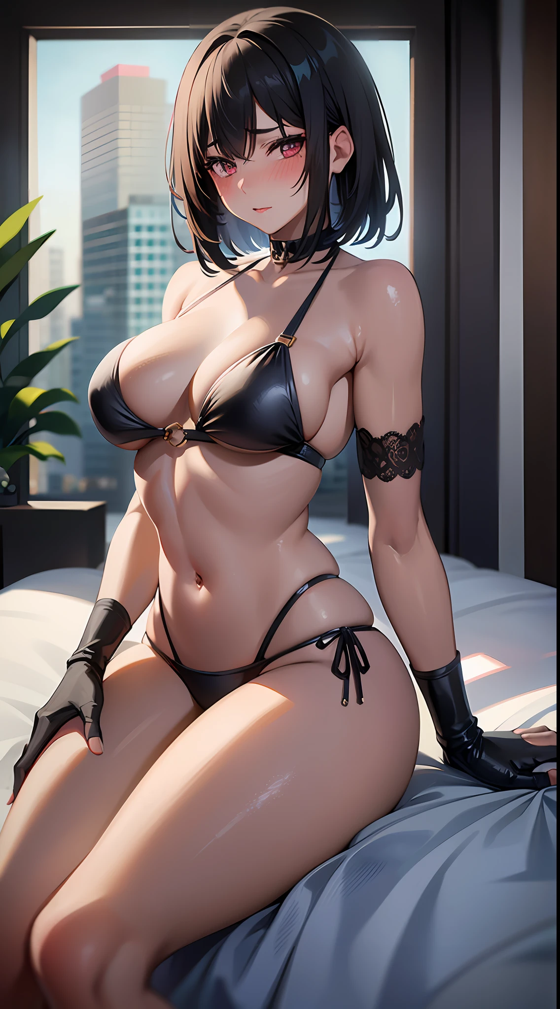 1girl, masterpiece, best quality, medium full shot, black bob hair, bikini, busty, sexy body, erotic pose, sexy lips, (blushing:1.3), bed