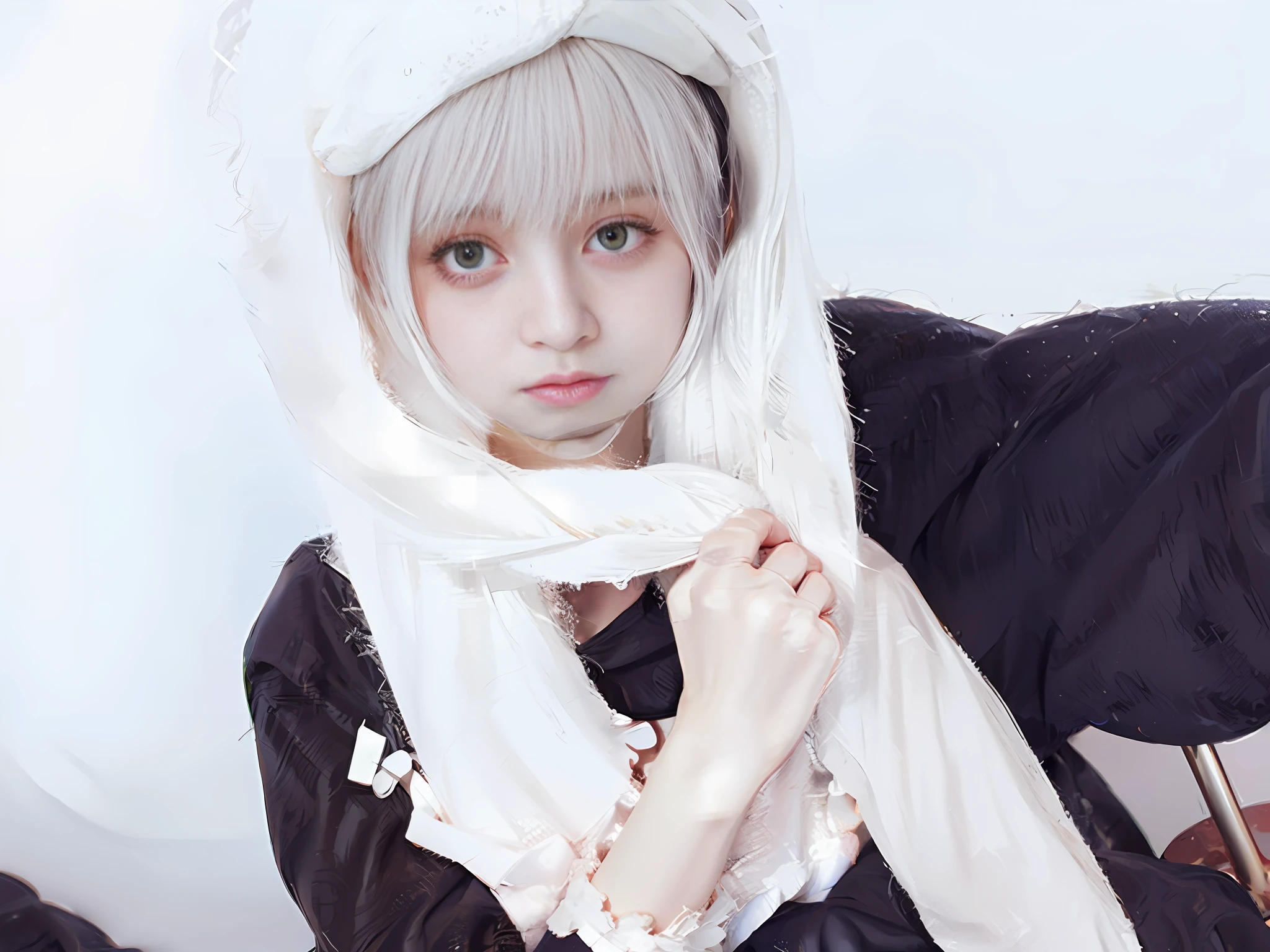 there is a woman that is wearing a white towel and a hat, white hime cut hairstyle, ulzzang, hair whitebangs hair, white bangs, her hair is white, with white long hair, shikamimi, kemonomimi, white-hair pretty face, white-haired, white haired, with short bobbed white hair, one girl has white hair