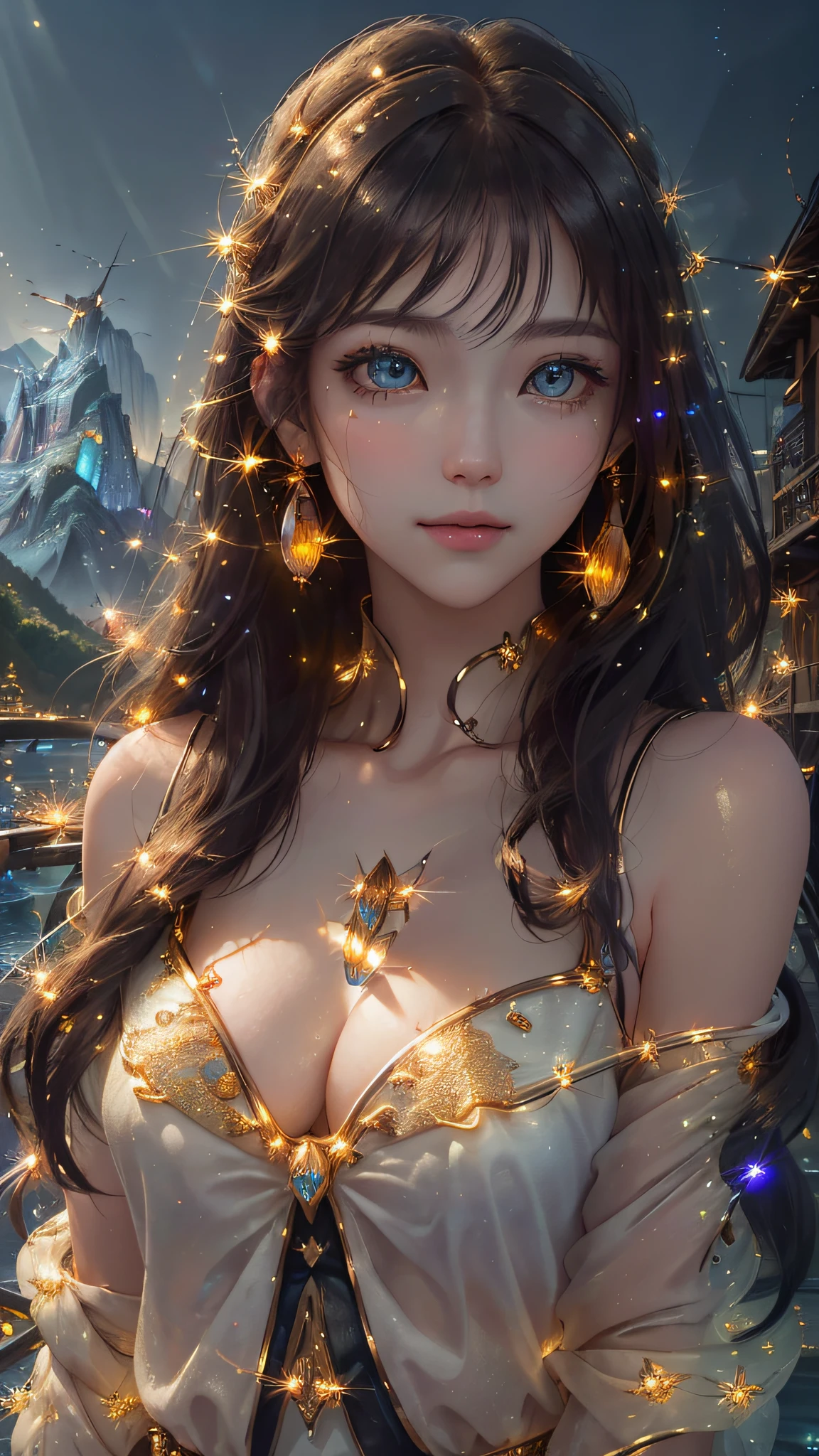 The best quality, masterpiece, high resolution,
1girl, detailed face, (upper body:1.6), network city, mountains and rivers, night, firefly lights, realistic, rich details, (white bottom: 1.2), (beautiful body:1.4)