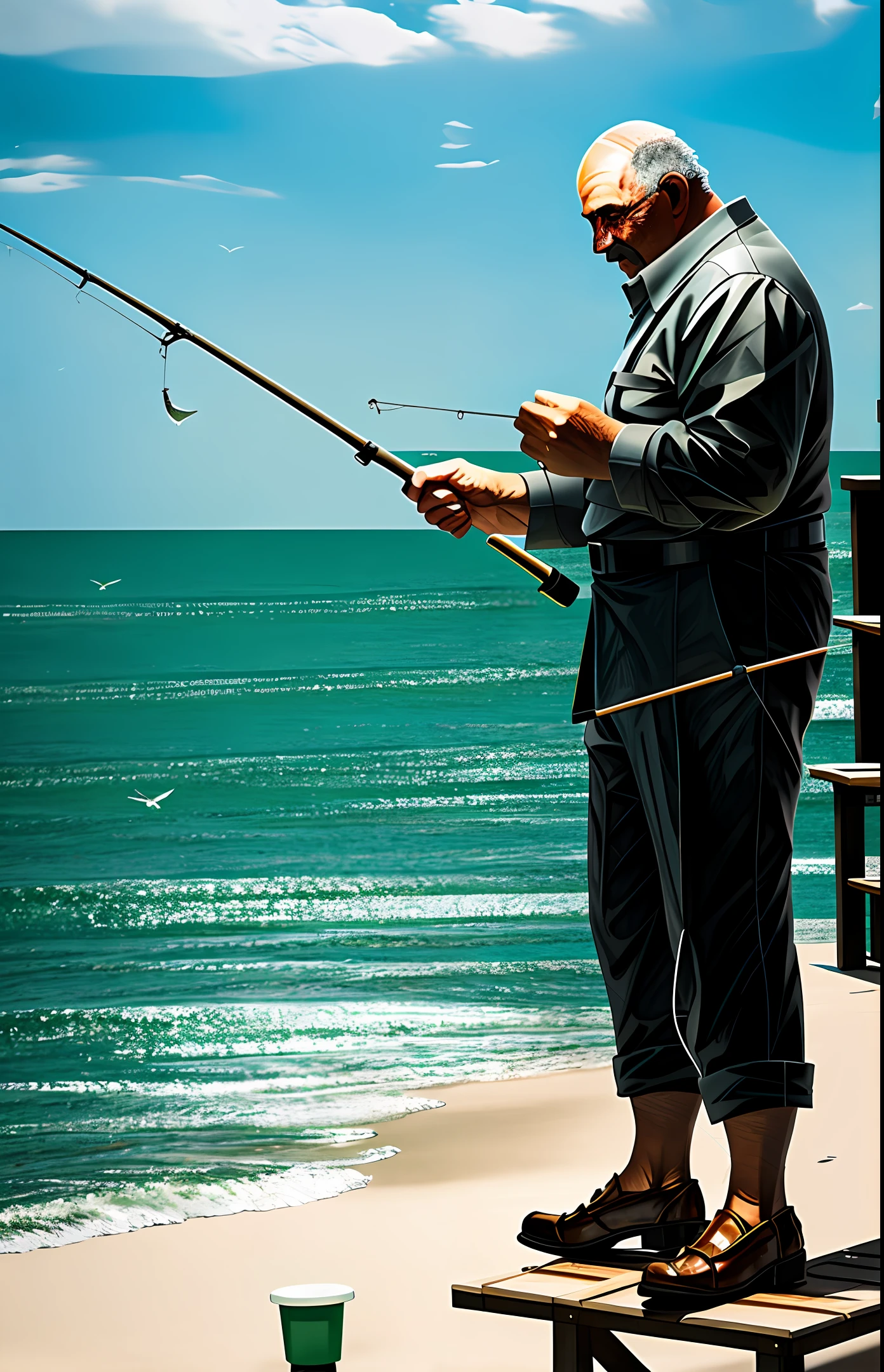 Realistic wind, middle-aged uncle fishing by the sea