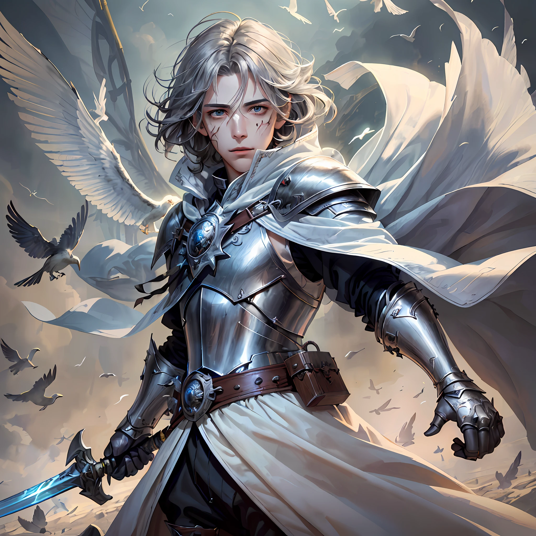((Young Men)), Knight, Fluttering Cloak, Ribbon, Silver Western Sword, Sabre, Gauntlet, Elongated Eyes, (((Extremely Clear and Delicate Depiction of Facial Features)))), ((Delicate Eye Depiction)), Dramatic Composition, Film Lighting, Extreme Detail, High Resolution, ((Dynamic Pose))), Silver Armor on Shoulders, Battle Flag Flying, Mist, Dusty, (Fluttering), Floating in the Air, Surrounded by Birds, Bloodstained, Battle Damaged, Wounded, Extreme Detail, High Definition, Depth of Field, Extreme light and shadow, handsome guy, deep eyes, (hair strands are very finely depicted), slightly longer hair