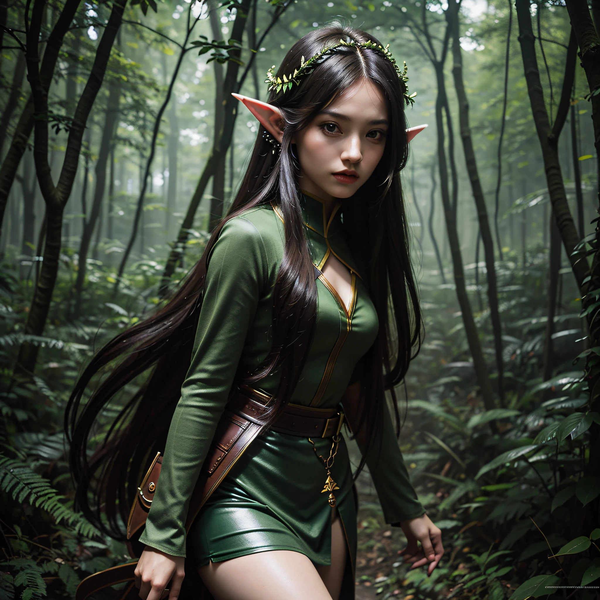 Best Quality, Masterpiece, High Resolution, 1girl, (Fantasy), [Long Flowing Hair: 1.1], [Pointed Ears: 1.2], [Elven Costume: 1.1], [Magic Halo: 1.3], [Enchanted Forest Background: 1.2], [Portrait: 1.1], (detailed), (Digital Painting: 1.2), (High Resolution: 1.2)