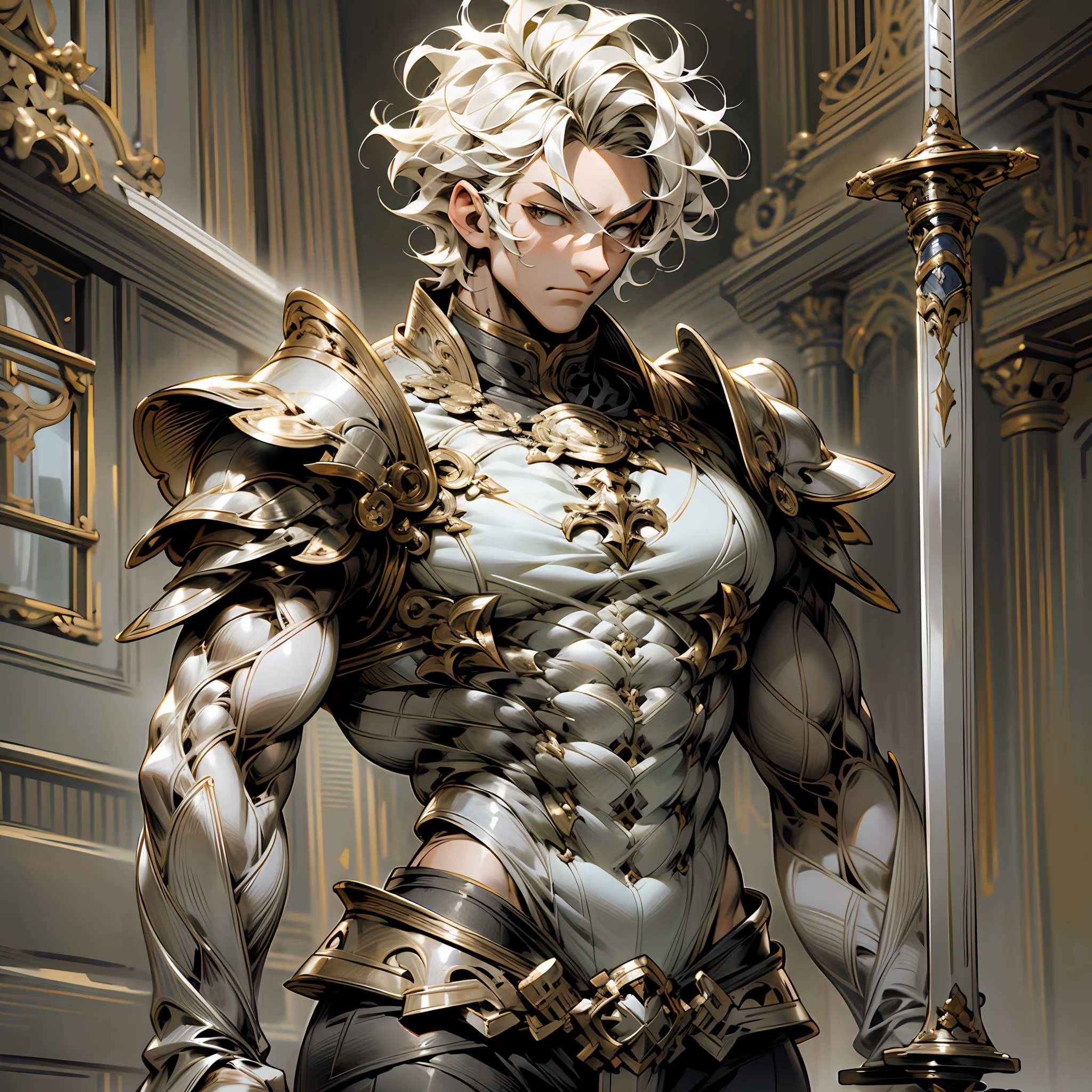 Silver-toned cuirass 1man muscular bigsword pixel style short hair curly hair --auto --s2