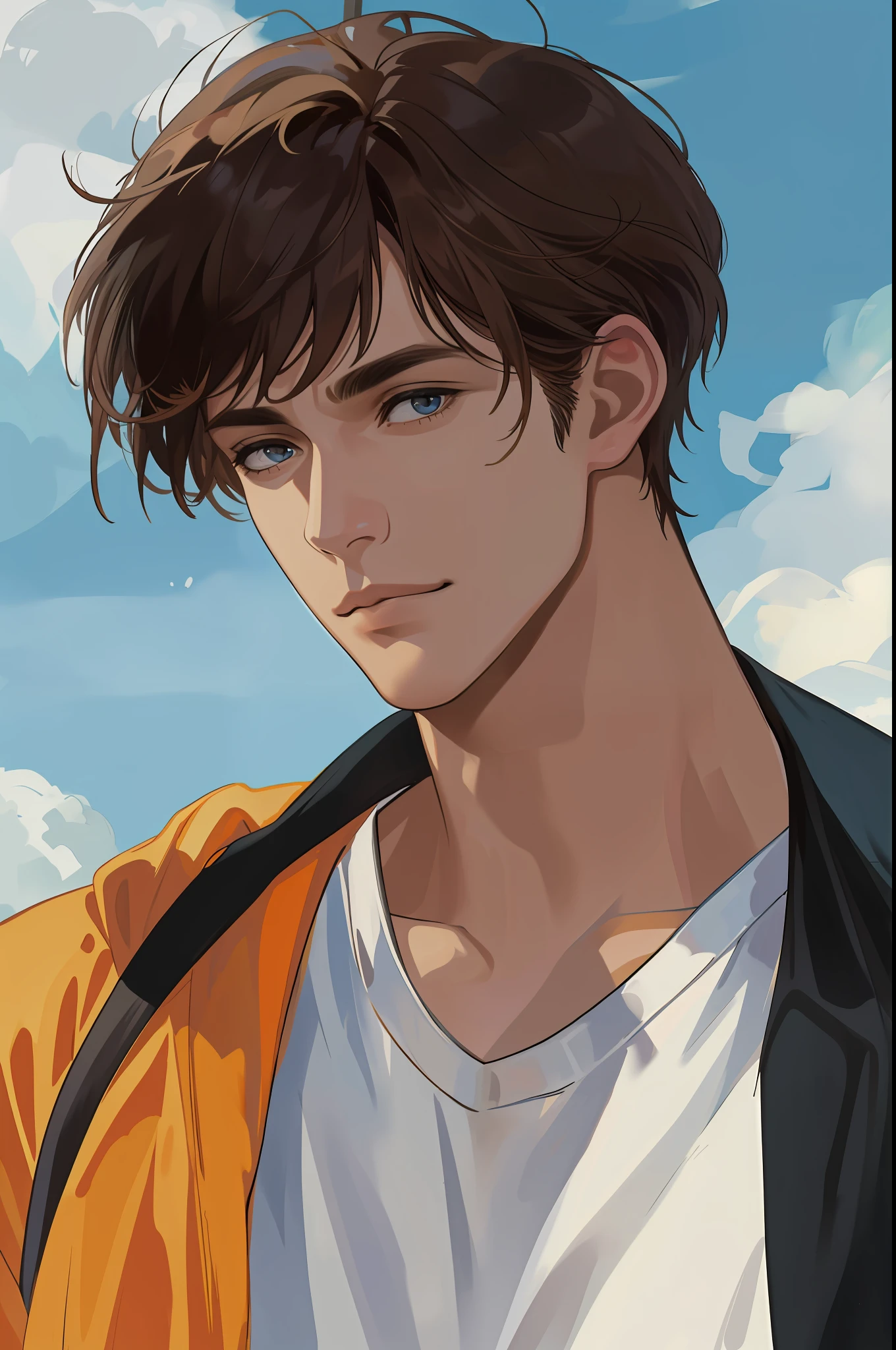 masterpiece, best quality, realistic, 1man, male focus, mature, tall muscular, handsome, [thick eyebrows], portrait, extremely detailed face, (brown hair), (short hair), casual clothes, blue sky