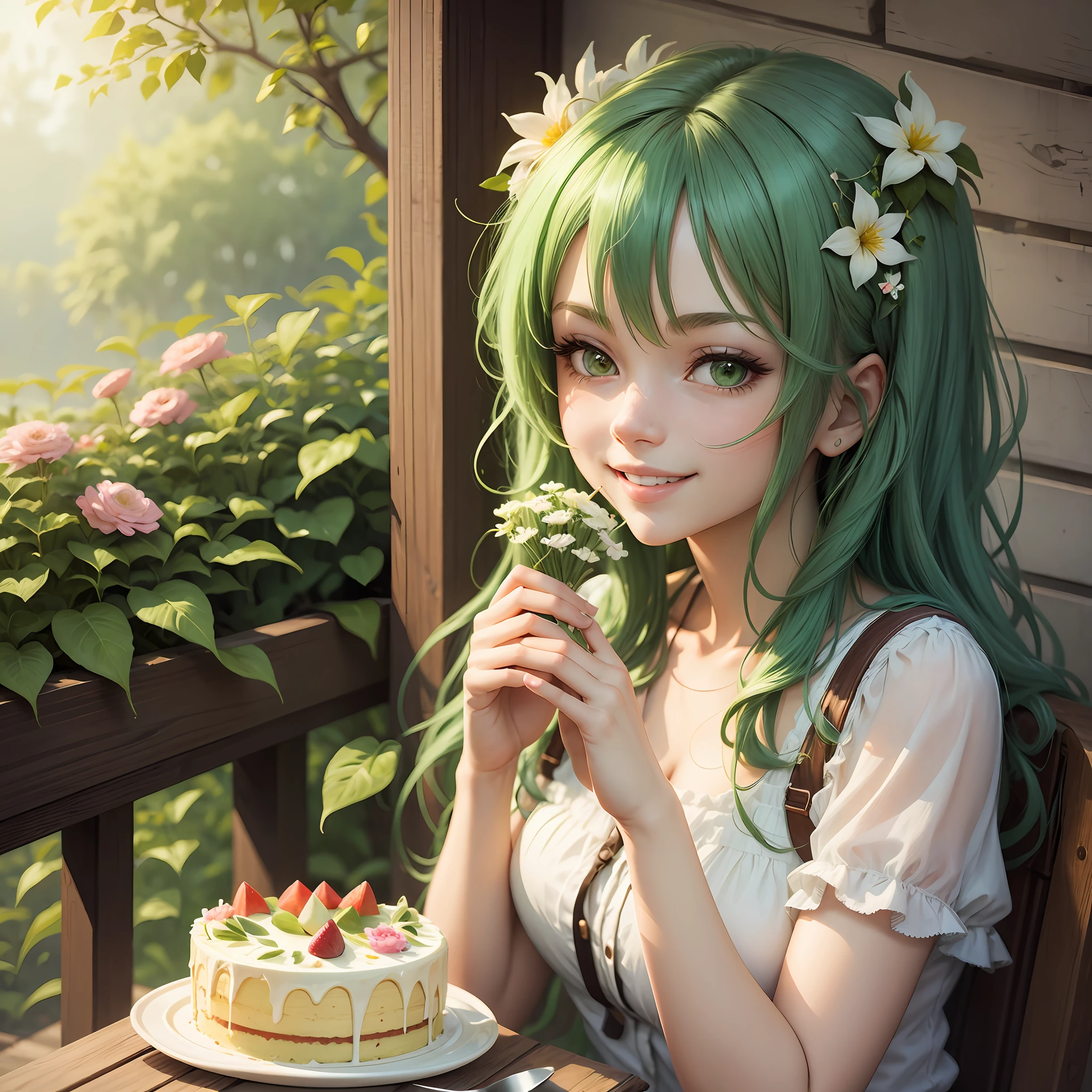2D girl, garden, green hair, smiling, smelling flower, eating cake --auto --s2