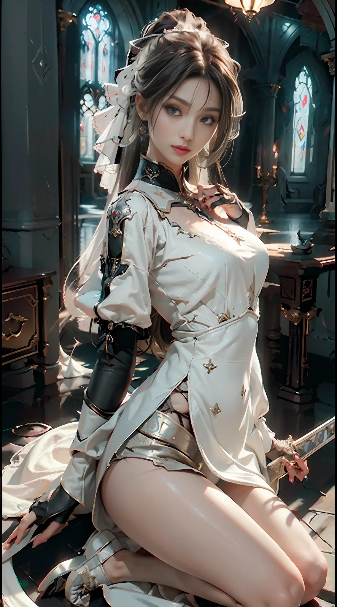 ((Best Quality)), ((Masterpiece)), (Detail: 1.4), 3D, A Beautiful Priest Female Figure, HDR (High Dynamic Range), Ray Tracing, NVIDIA RTX, Super-Resolution, Unreal 5, Subsurface Scattering, PBR Texture, Post-Processing, Anisotropic Filtering, Depth of Field, Maximum Clarity and Sharpness, Multi-layer Texture, Albedo and Highlight Mapping, Surface Shading, Accurate Simulation of Light-Material Interactions, Perfect Proportions, Octane Render, Two-color Light, Large Aperture, Low ISO, White Balance, Rule of Thirds, 8K RAW, Absolute Field, Long Legs, Sword Held, Feet, Delicate Face, Thin Waist, Starship,