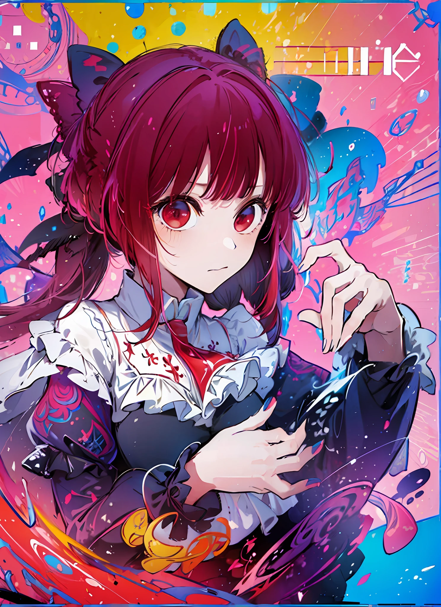 (flat color:1.3),(colorful:1.3),(masterpiece:1.2), best quality, masterpiece, original, extremely detailed wallpaper, looking at viewer,1girl,solo,floating colorful water, red hair, red eyes, medium breast