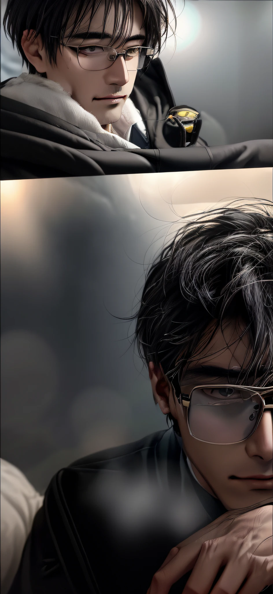 High quality picture quality, bright lights, male handsome, wearing glasses, wet hair, unkempt hair, soft and smooth hair, reflective black glasses, unclear and blurry background), chin with one hand, well-dressed, wearing a black coat, earrings, no beard