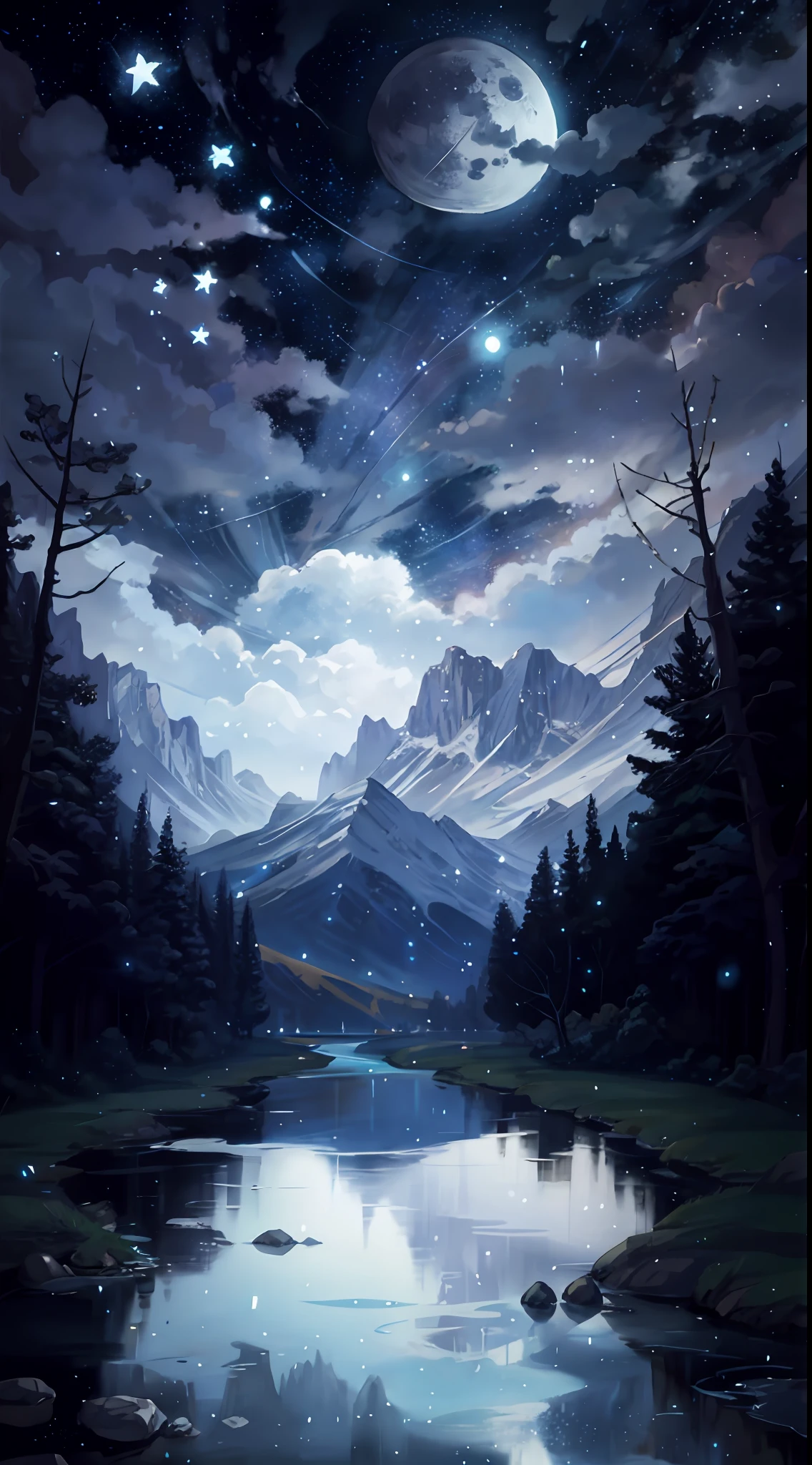 A painting of a river with stars and moon in the sky, concept art inspired by Tosa Mitsuoki, pixiv contest winner, best quality, fantasy art, beautiful anime scene, a bright moon, moonlit starry environment, dream painting, Anime Background Art, Fantasy Landscape Art, Fantasy Night, Anime Background, Background Artwork, Fantastic Art, Atmospheric Anime, Starry Sky, Detail Enhanced.
